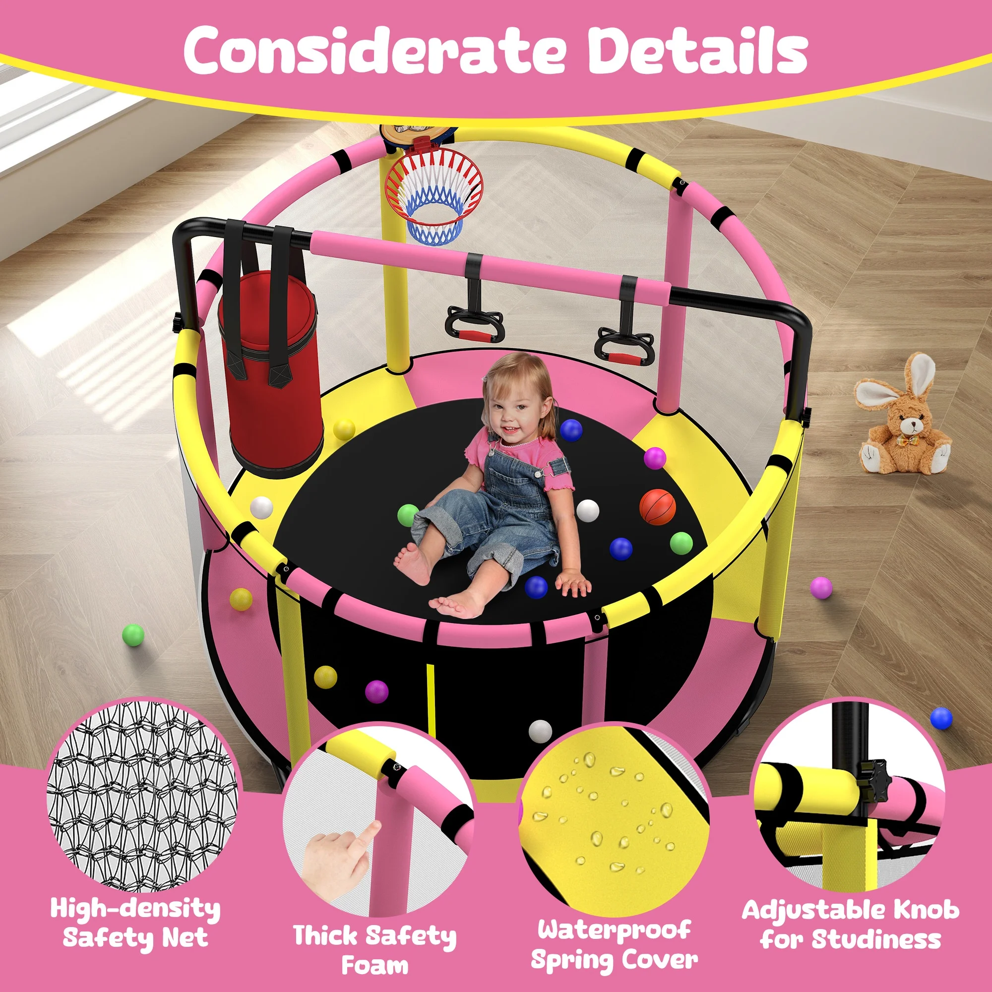 Mini Round Trampoline for Kids with Basketball Hoop, SEGMART 55'' Indoor Outdoor Toddler Trampoline with Enclosure Net, Swing, Sandbag, Ring, Ocean Balls, Small Trampoline Gift for Boys Girls, Blue - Image 17