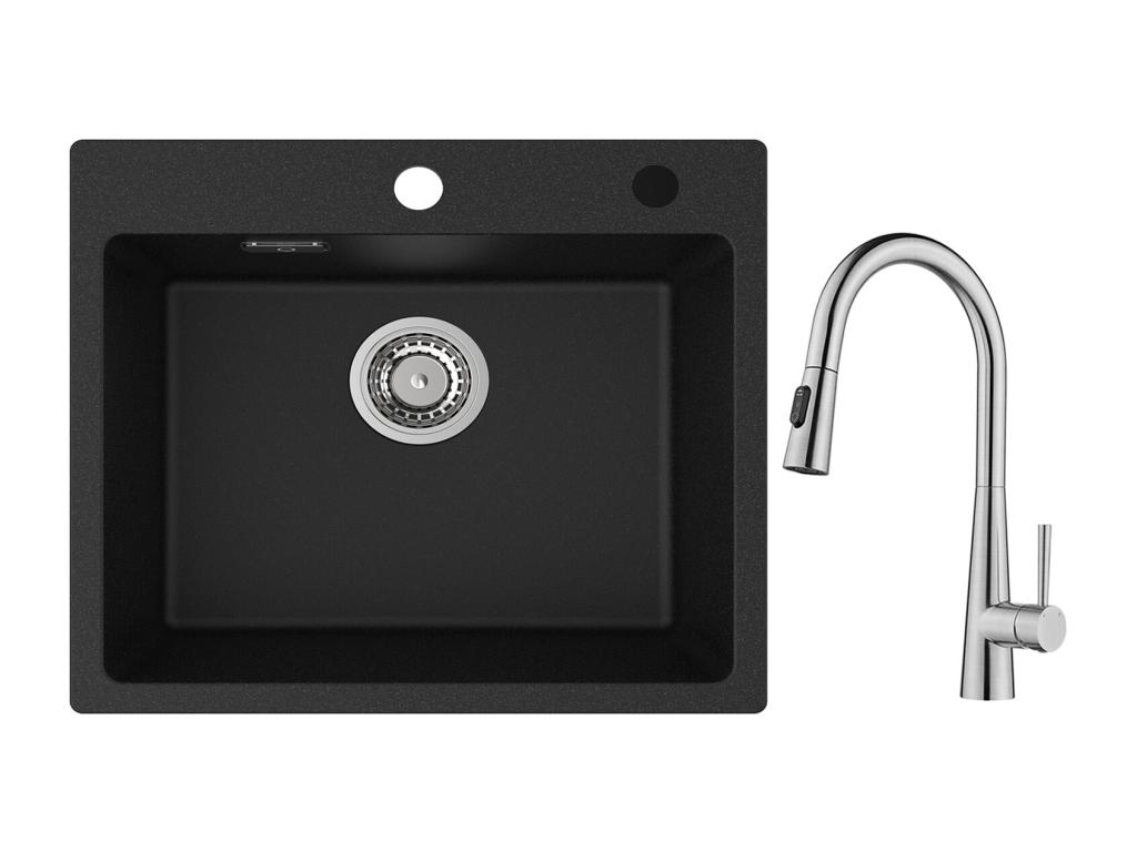 Casaplu Fregadero de Cuarzo Negro 50x45cm Fregadero de 1 Seno de Cuarzo y Resina + Mezclador de Cocina con Ducha Extraíble, 3 Modos de Salida de Agua, Cepillado