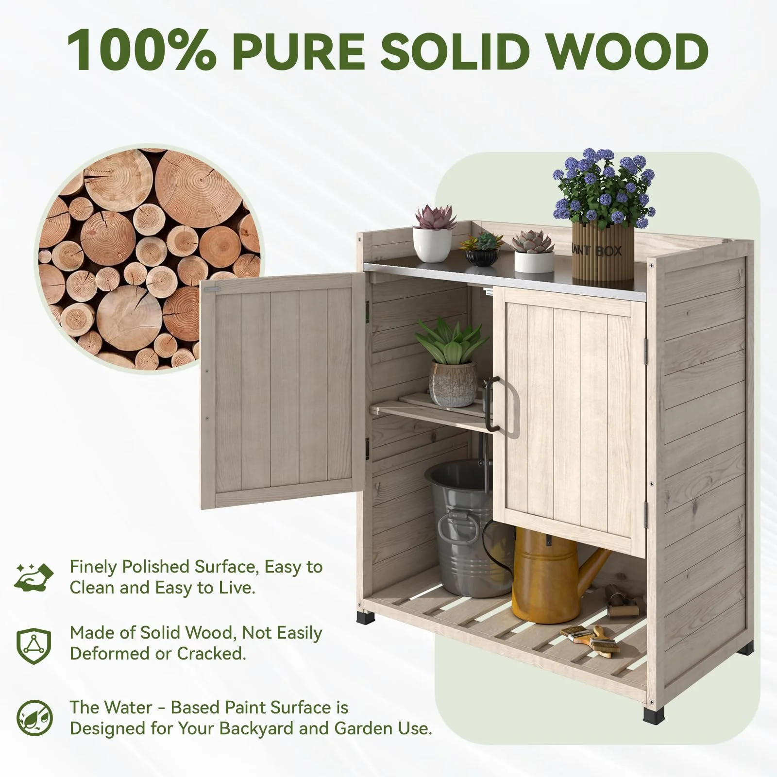 YODOLLA Potting Bench, Wooden Outdoor Storage Cabinet with Adjustable Shelf, Patio Storage with Metal Tabletop, Potting Table for Garden, Patio and Lawns, Gray - Image 12