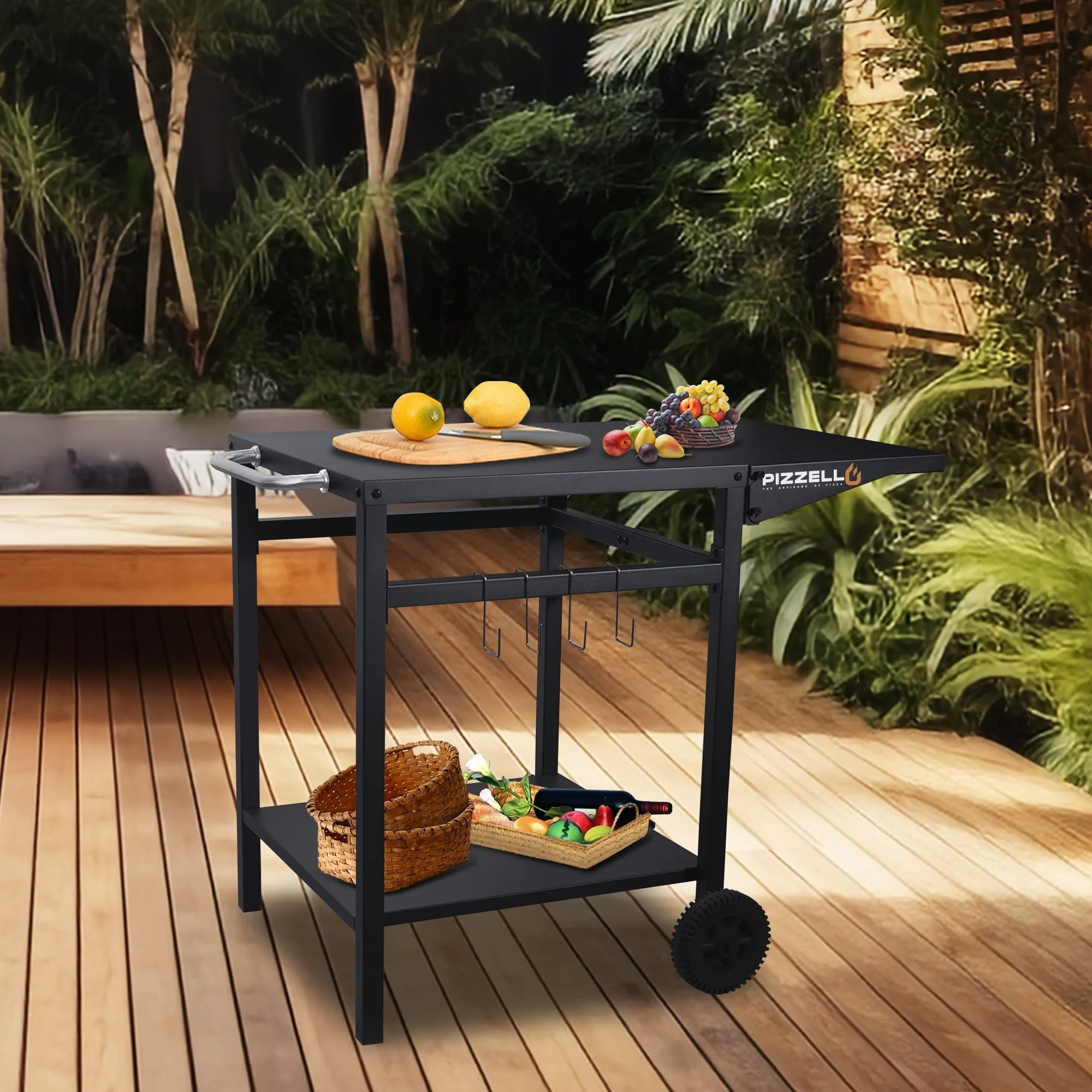 Pizzello Outdoor Grill Pizza Oven Food Prep Bbq Cart Stand Table with Storage Wheels Expandable Countertop, Black - Image 6