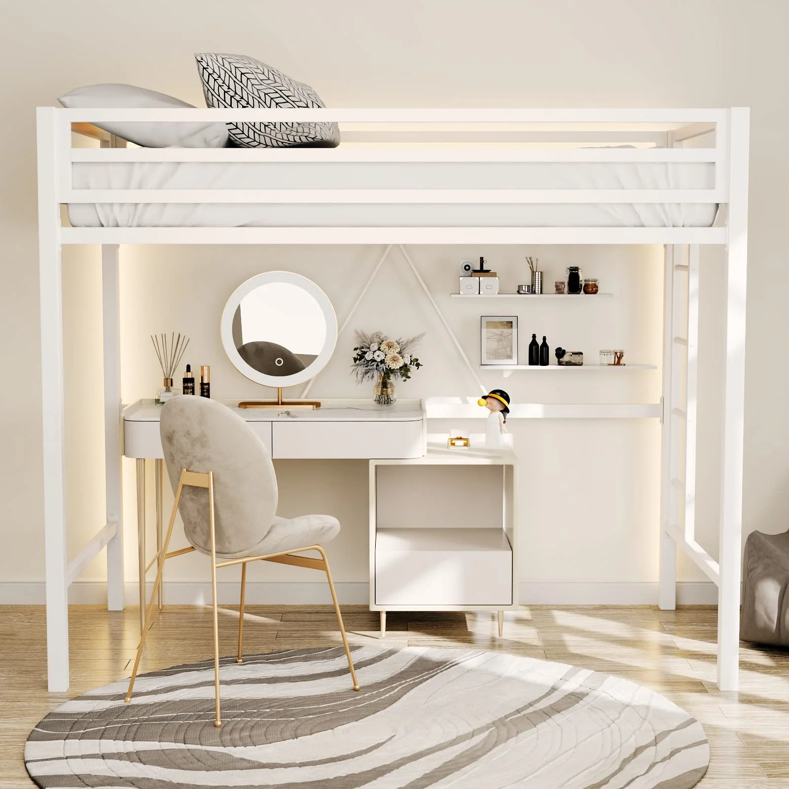 Einfach Metal Twin Size Loft Bed with Removable Ladder & Full-Length Guardrail, White - Image 2