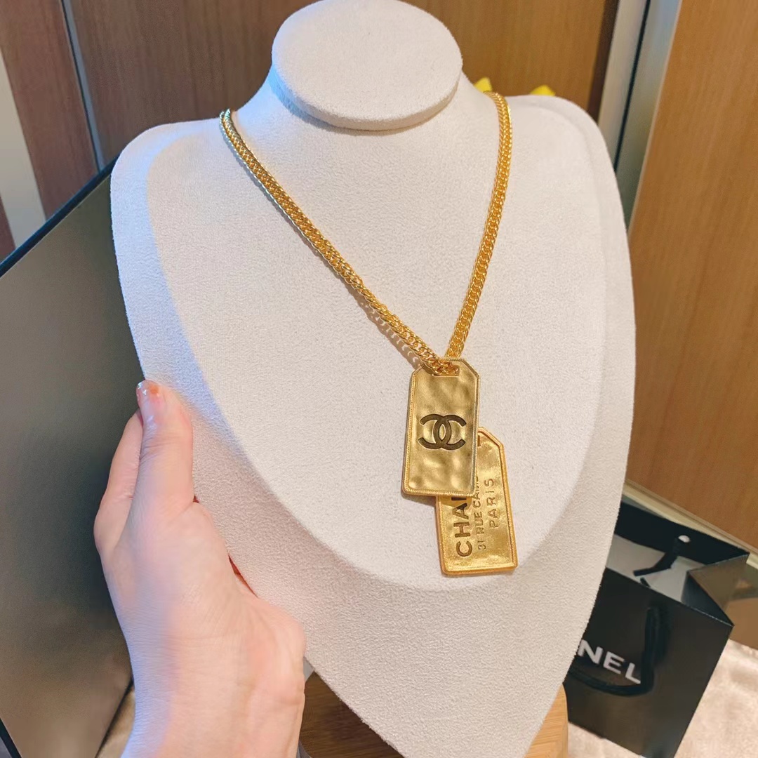 Chanel Unisex Thick Cuban Chain Rectangle Tag Pendant Necklace - Original Replica Club