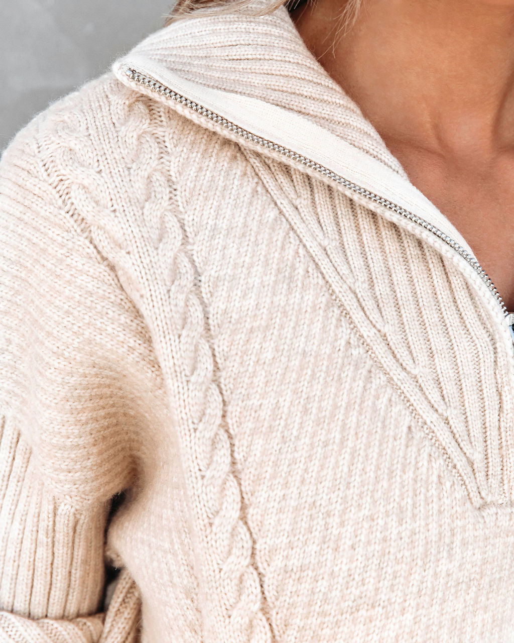 Fall Thrills Cable Knit Half Zip Pullover Sweater - Oatmeal - Se7enfashion