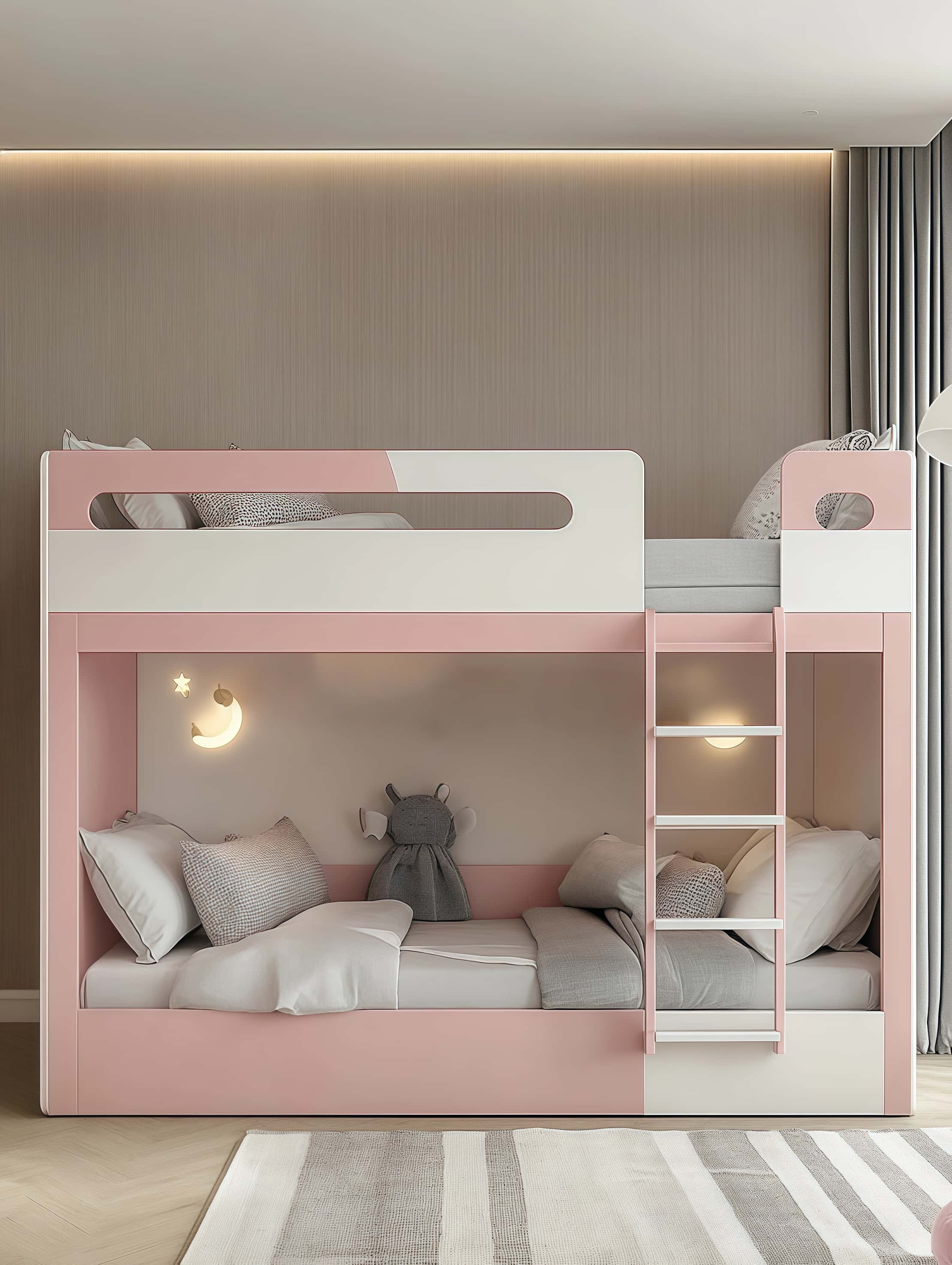 Cama litera infantil blanca y rosa palo melamina 275x150x108 cm