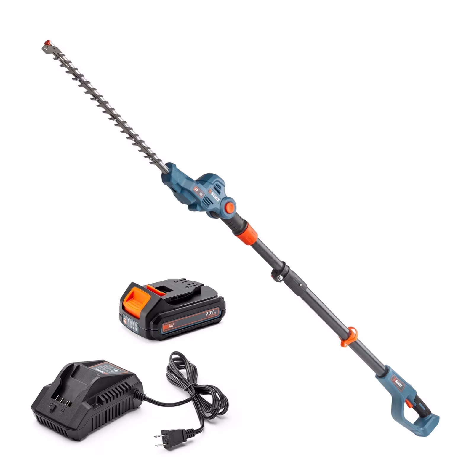 SENIX 20 Volt Max* Cordless Pole Hedge Trimmer 18-Inch Cutting / 21-inch Blade Length with Adjustable Head & Telescoping Shaft, Battery & Charger included, HTPX2-M