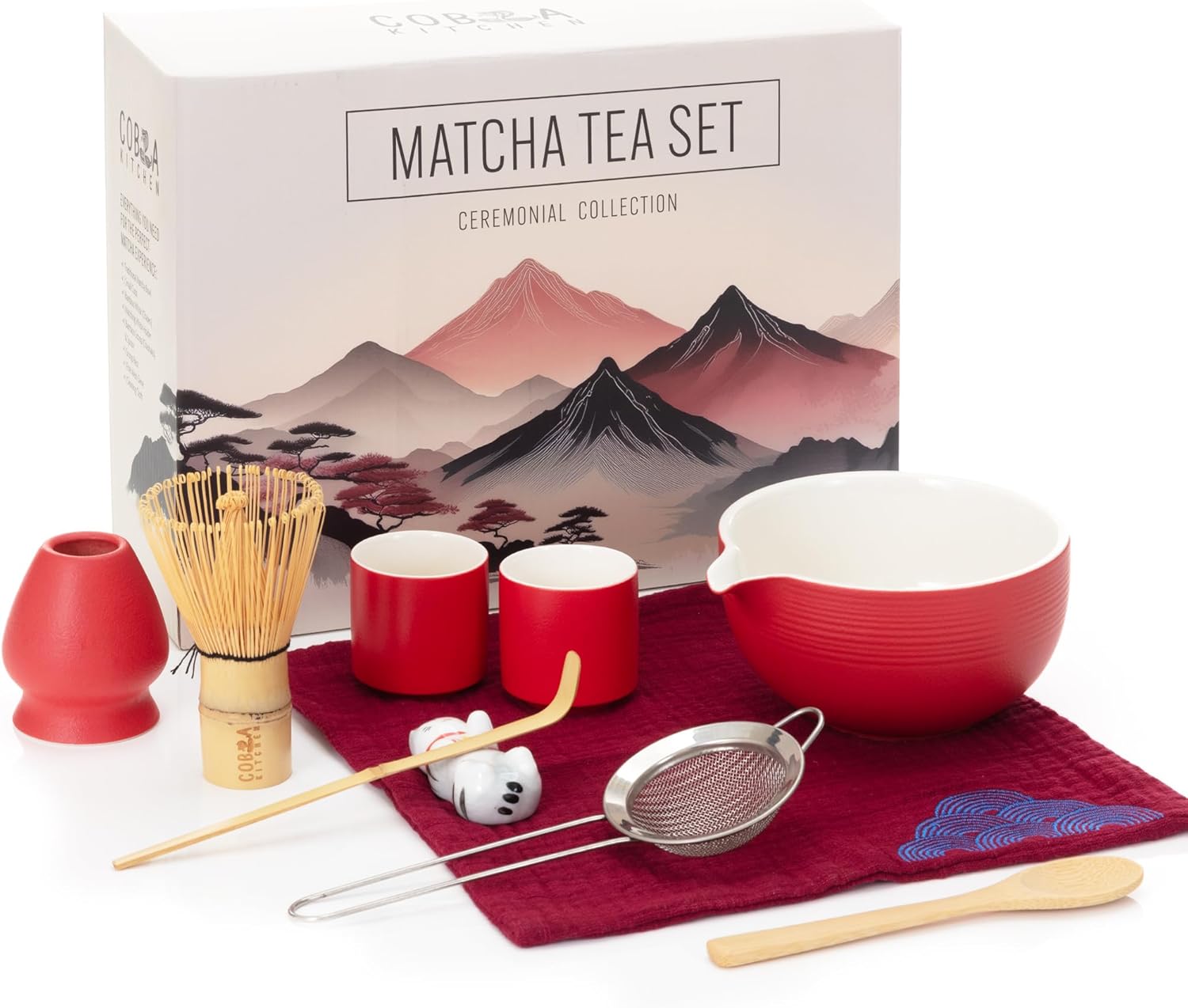 Lucky Red Matcha Tea Set – Japanese Matcha Kit with Bamboo Whisk, Sieve, Scoop, Cups & Ceramic Bowl – Red Matcha Ceremonial Set – Authentic Gift Set & Accessories for Smooth, Frothy Tea. 2 cups