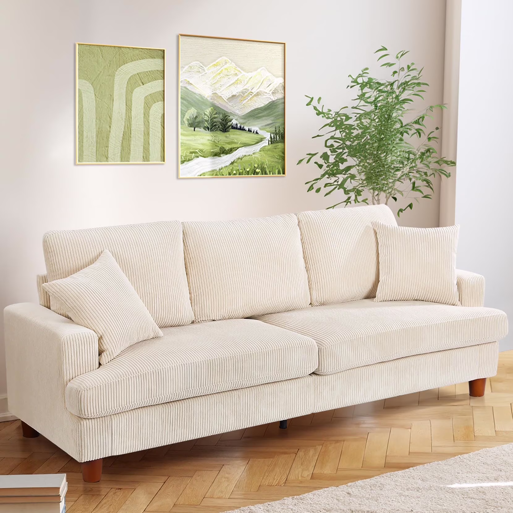87" Corduroy Sofa,3 Seater Sofa with Extra Deep Seats,Neche Comfy Upholstered Couch for Living Room,2 Pillows,Green - Image 3