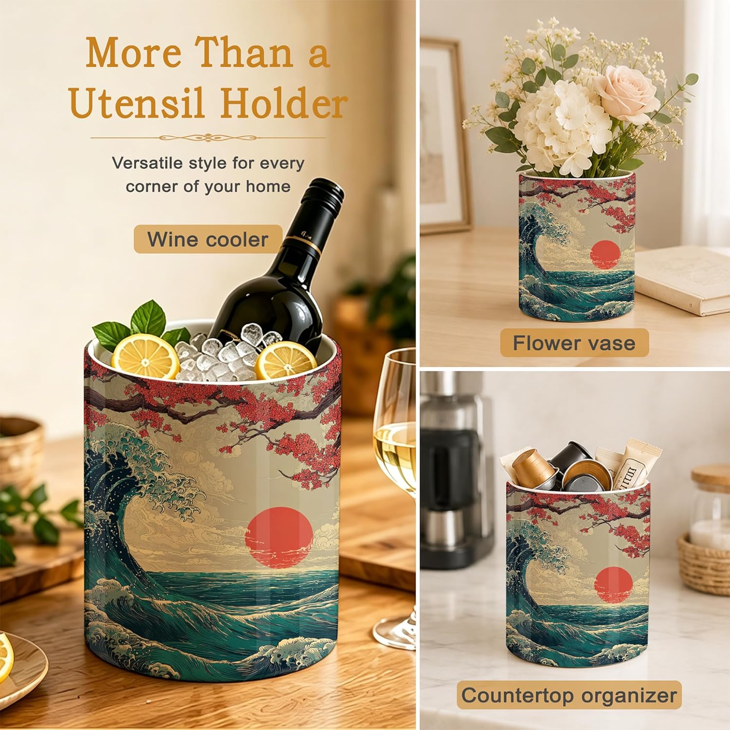 Japanese Waves Kitchen Utensil Holder,Sunrise Cherry Blossoms Ceramic Utensil Crock for Countertop,Cooking Tools Storage jar for Spatulas and Spoons,Housewarming Gifts 6.3