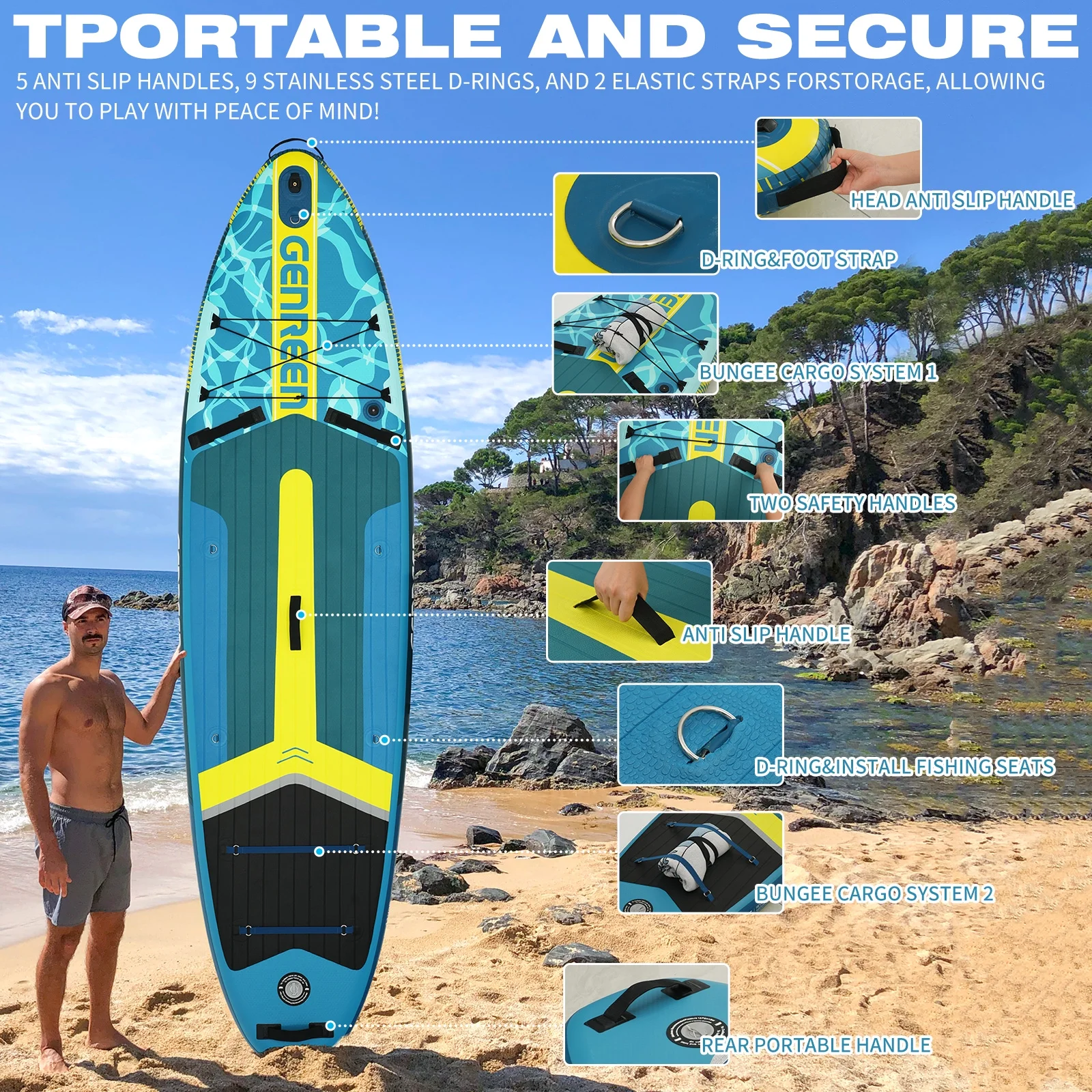Genreen Inflatable Fishing Paddle Board 11" Stand up Paddle Board with Full SUP Premium Accessories - Image 3