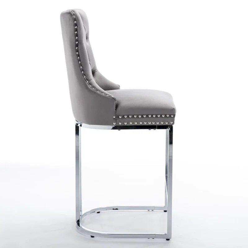 Contemporary Set of 2 Bar Stools with Button-Tufted Back and Studded Trim, Chrome Metal Base - Ideal for Dining Room, Living Room, and Bedroom
