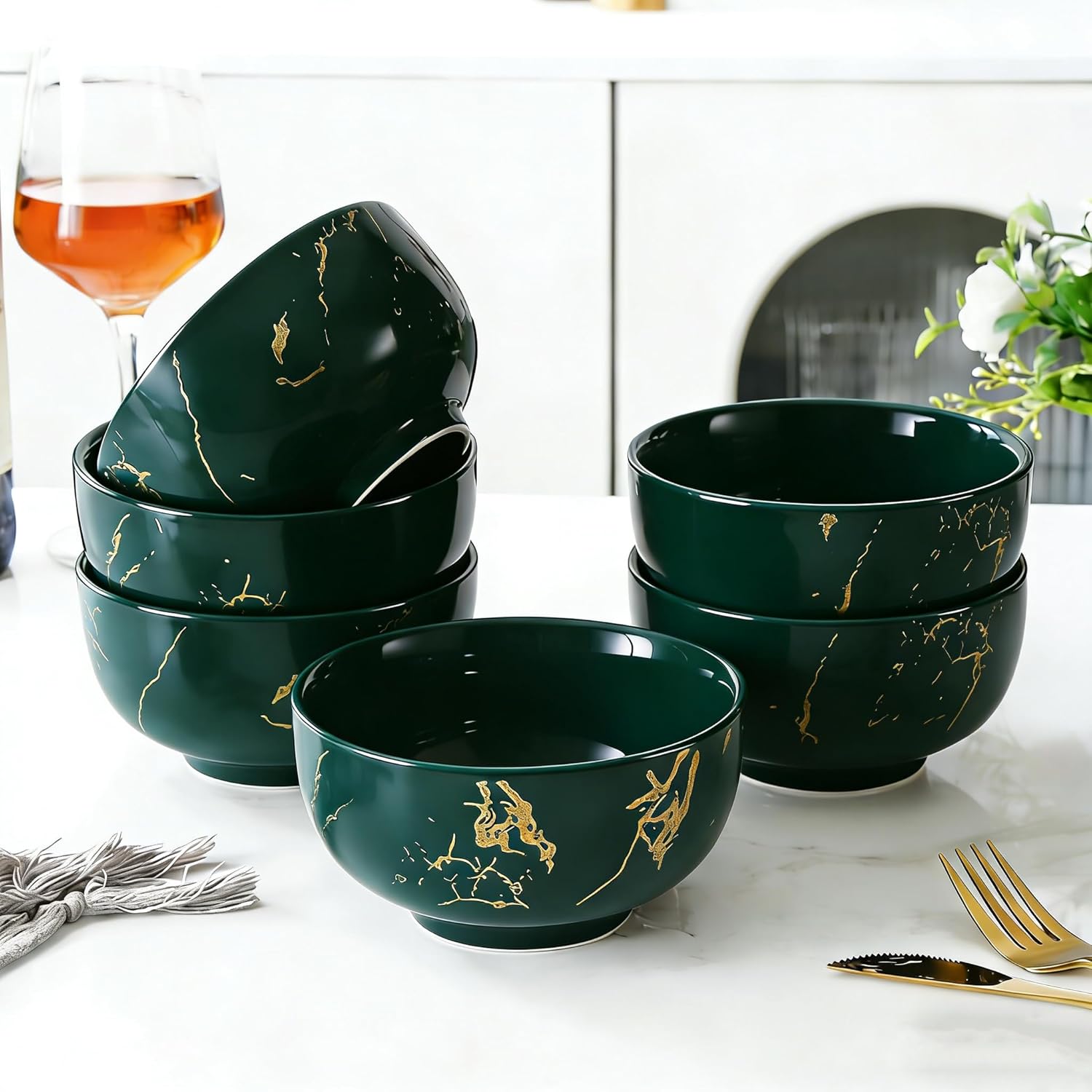 6-Piece Green and Gold Marble Ceramic Bowls, 20 oz – Bohemian Soup & Cereal Bowl Set, Dishwasher & Microwave Safe, for Ramen, Pasta, Salad, Dessert