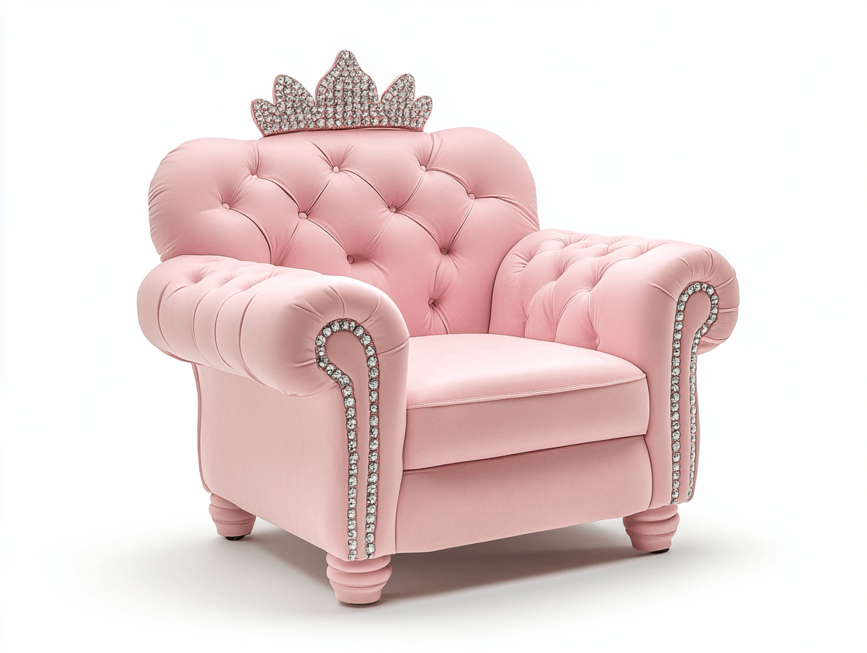 Sillón infantil tapizado con función de montaje manual en cuero sintético rosa con corona alta decorativa, 68x55x72cm