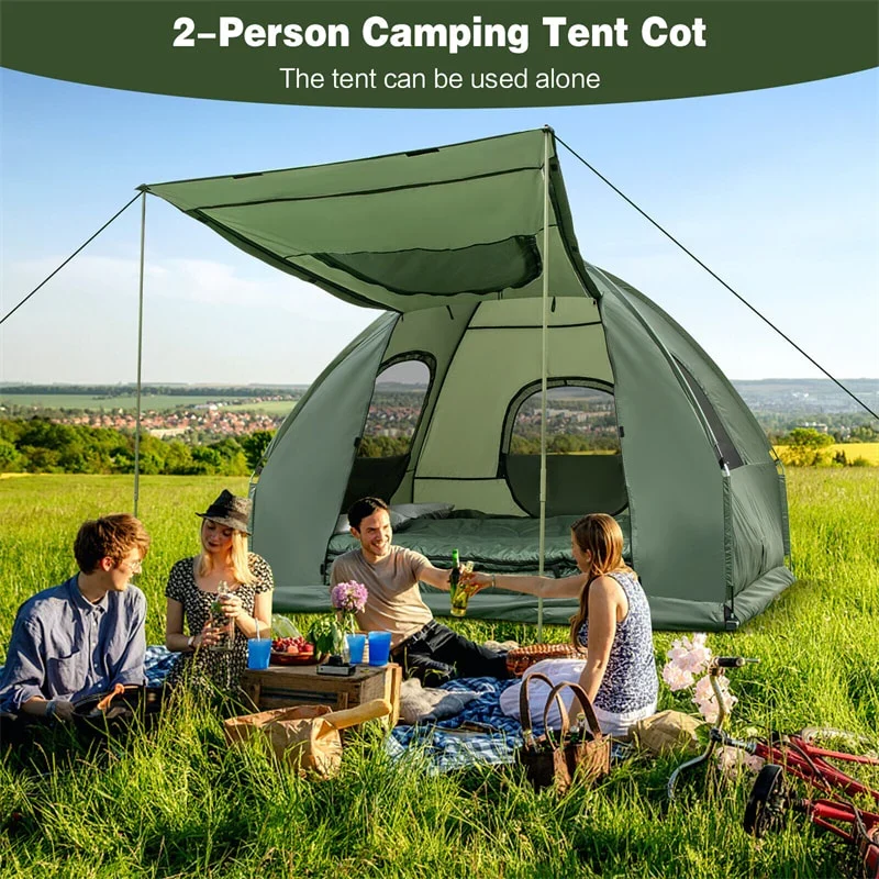 5-in-1 2-Person Portable Camping Tent Cot With Air Mattress, Sleeping Bags And Sunshade - Green & Blue - Image 4 5-in-1 2-Person Portable Camping Tent Cot With Air Mattress, Sleeping Bags And Sunshade - Green & Blue - Image 4