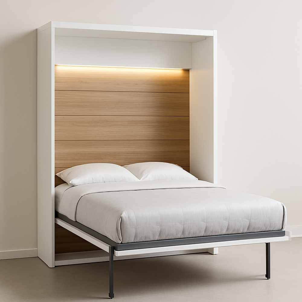 Cama Abatible Vertical de Matrimonio 150x200 cm – Diseño Salvaespacio – Multifuncional – Madera Blanca para Salón o Dormitorio