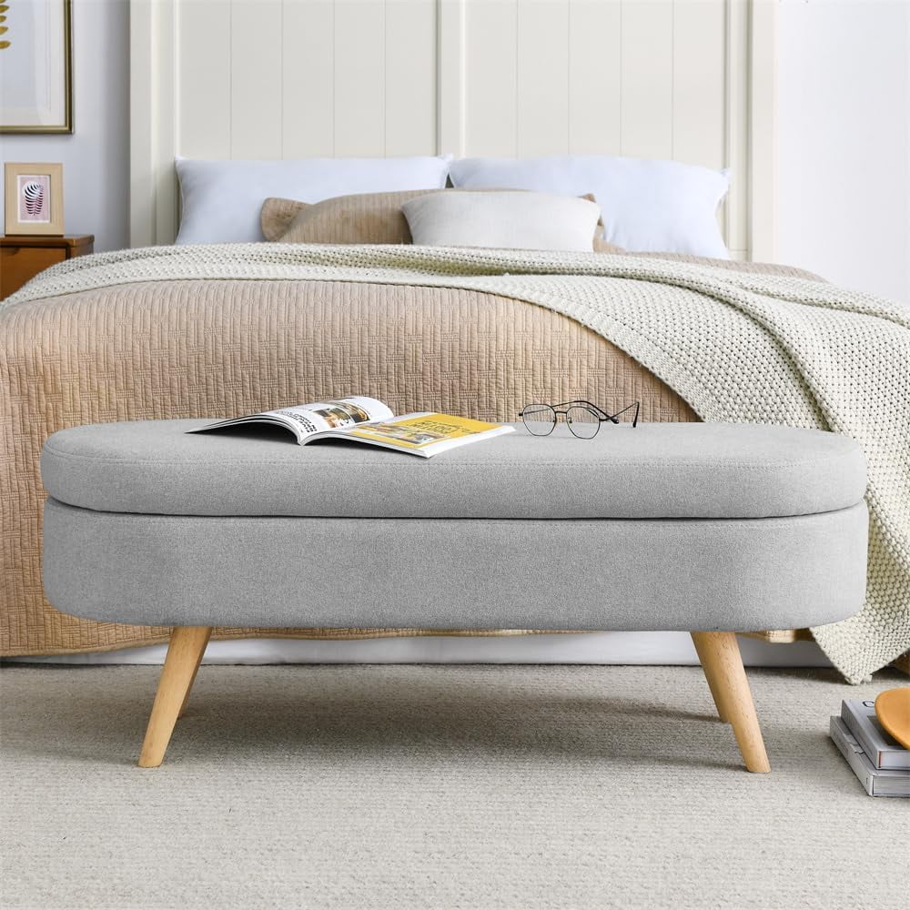 Sumdeal 43.5" Storage Ottoman Bench with 250lb Seating, Linen Upholstered Wood Legs Safety Hinge Flip Top Oval Foot Rest Long Stool for Sofa Couch Bedroom End of Bed Living Room Entryway, White - Image 58