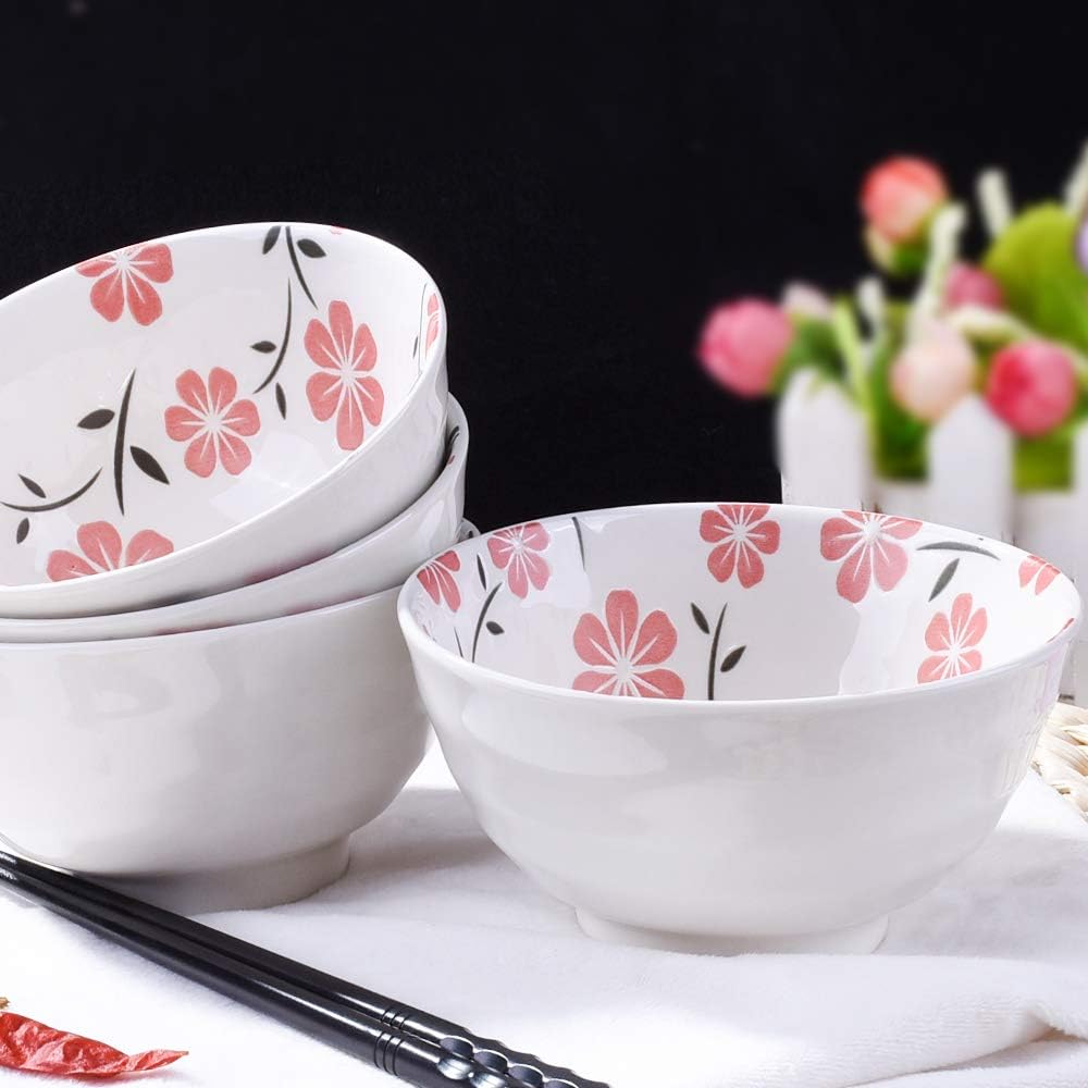 Japanese Ceramic Rice & Sushi Bowls Set – 4 Pack White Cherry Blossom Design, Microwave & Dishwasher-Safe, Elegant Dinnerware for Home, Restaurants