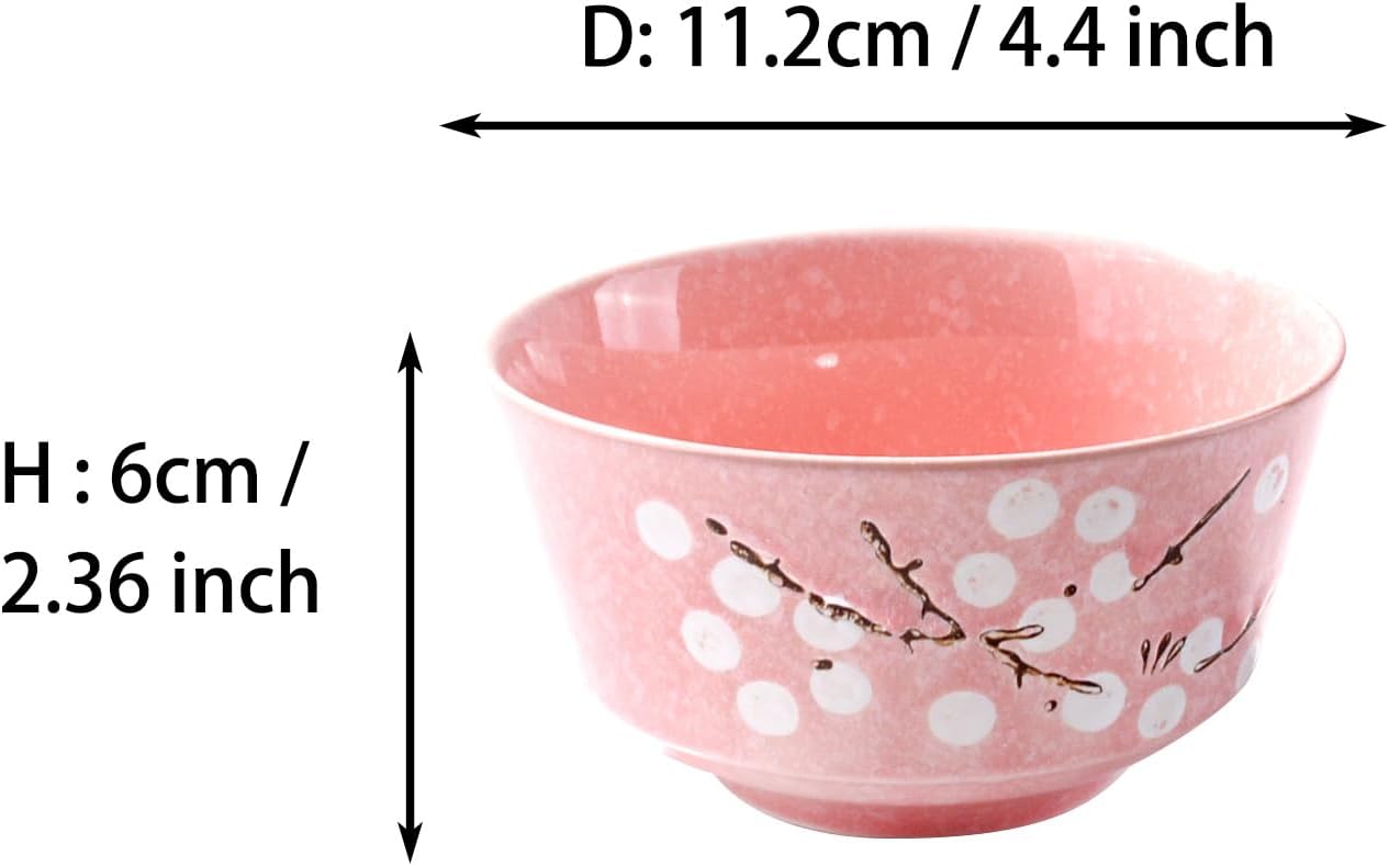 Pink Ceramic Rice Bowl Set of 4, 4.37 Inch Japanese Cherry Blossom Small Bowls for Kitchen, Floral Porcelain Bowls for Cereal, Dessert, Sushi Sauce & Snack