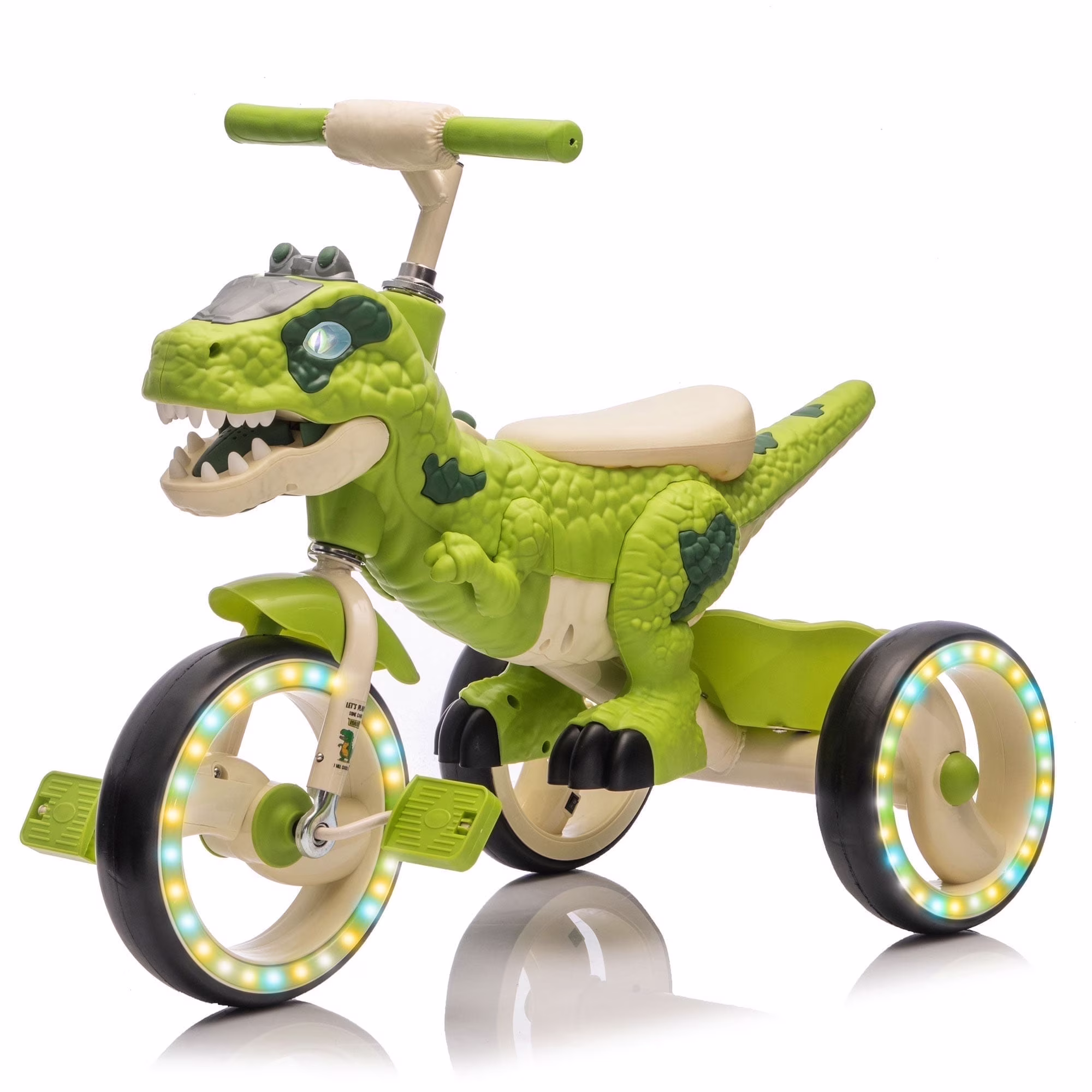 Xuanlur Kids Ride on Dinosaur Tricycle, Toddlers Kid Trike with Wide Flash Wheels, Anti - Slip Pedals, Rear Basket, Music LED Lights, Toddler Bike Toys Gift for 3 - 6 Year Old Boys Girls (Green)(Green)