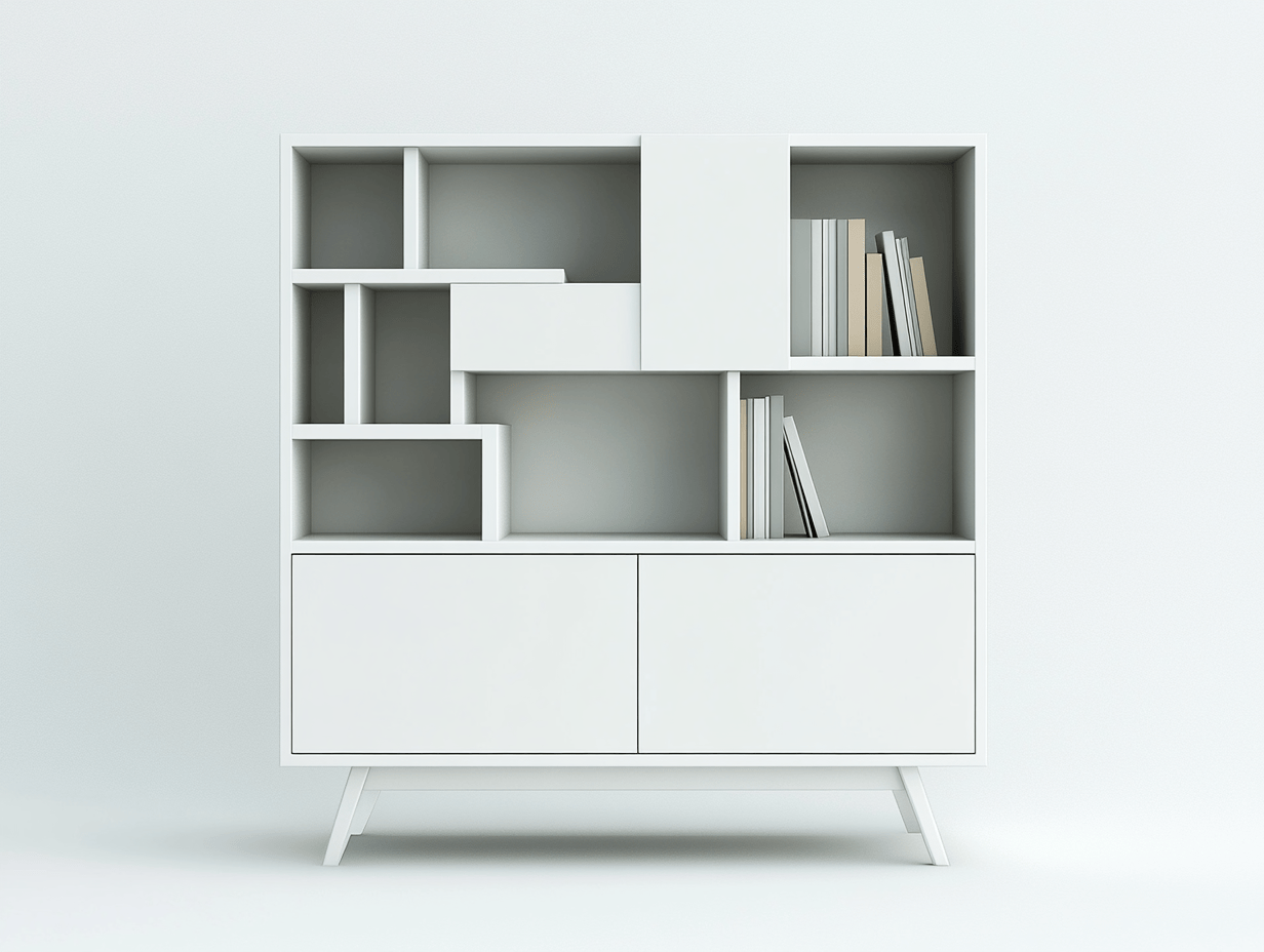 Armario estantería moderno blanco con compartimentos irregulares y puertas bajas
