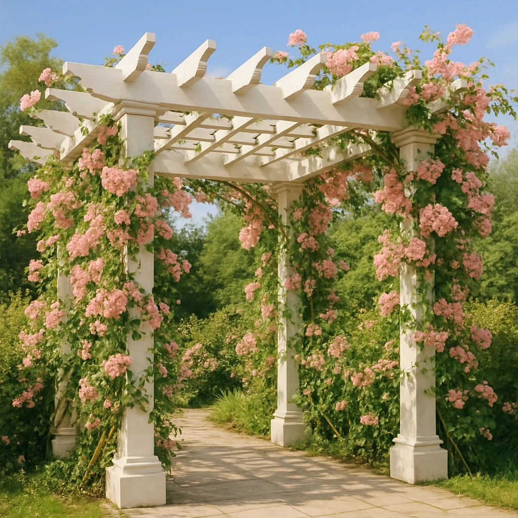 Pérgola de madera para jardín con flores y estructura blanca - para exterior - 350 cm largo x 350 cm alto x 350 cm profundo Kpparfu313po