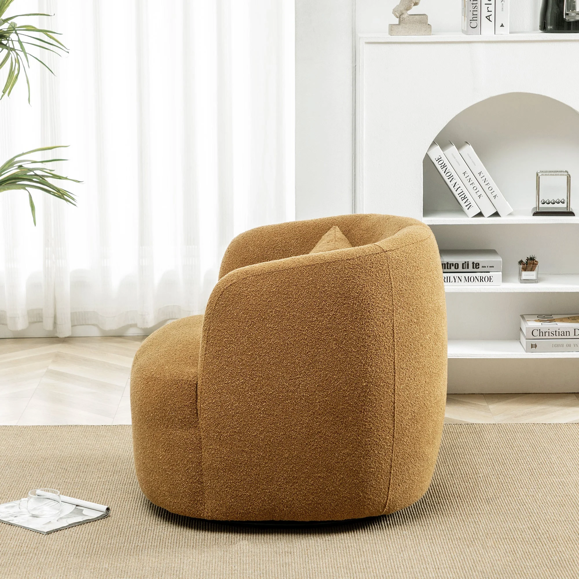 34" Wide Boucle Swivel Barrel Chair, No Assembly Round Upholstered Armchair Accent Chair Single Sofa Chair with Toss Pillow for Living Room and Bedroom, Taupe - Image 45