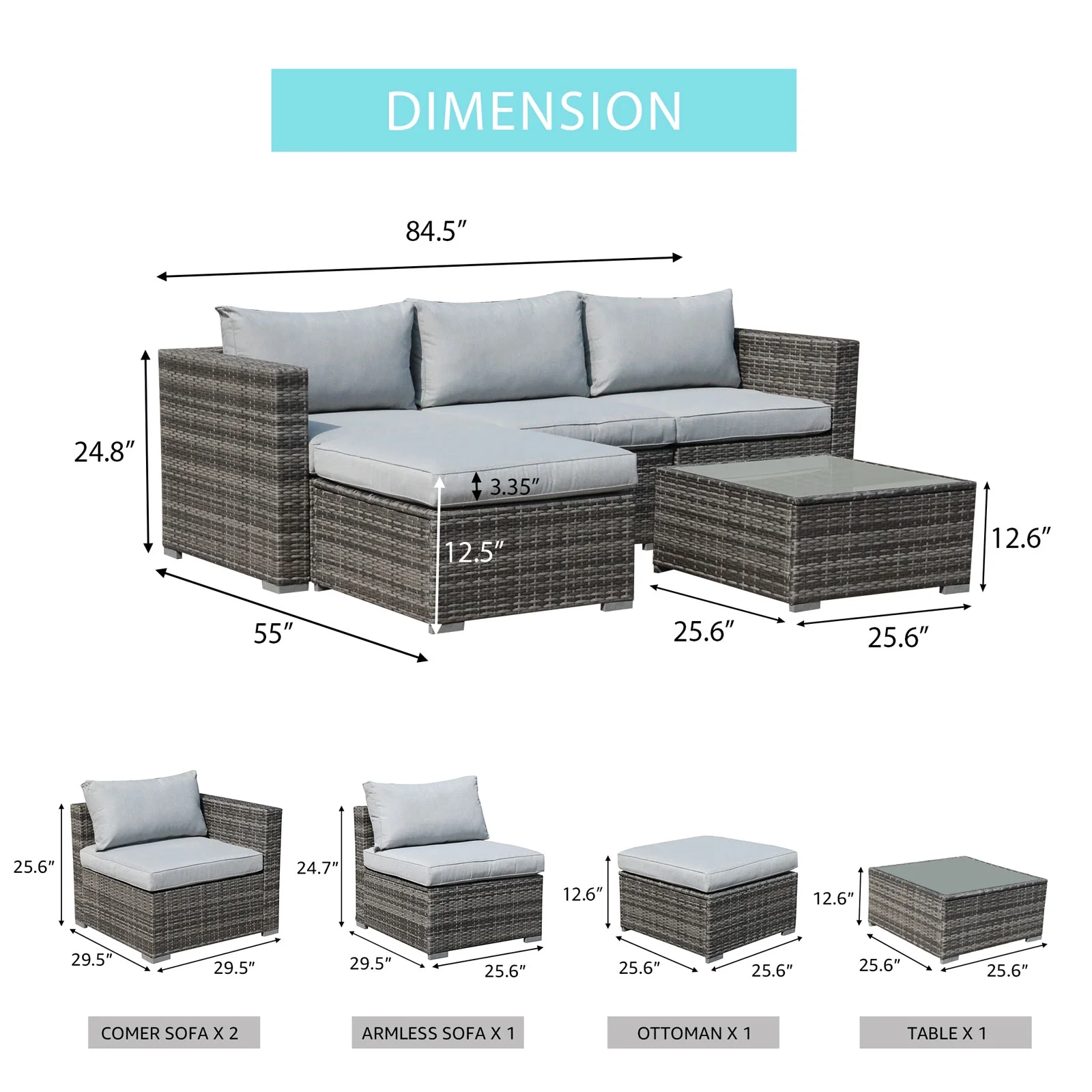 Patiorama 5-Piece Patio Furniture Set, Outdoor Sectional Conversation Set, All-Weather Grey PE Wicker with Light Grey Cushions, Backyard Porch Garden - Image 10
