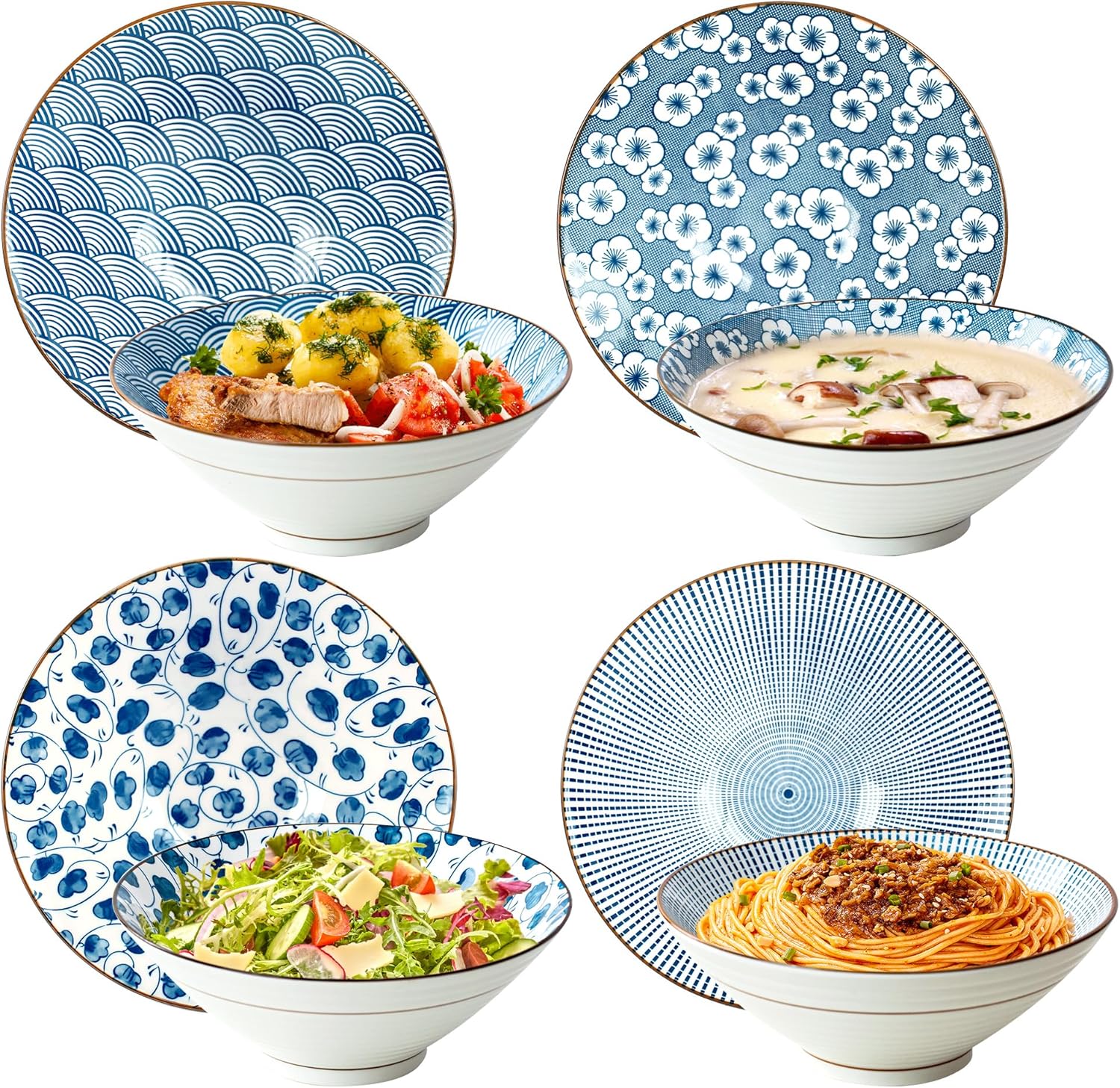Ramen Bowls Set of 4, 8 Inch 38oz Porcelain Noodle Bowls for Pho, Ramen & Soup, Large Ceramic Ramen Bowl Set Microwave & Dishwasher Safe, Japanese Blue and White Style