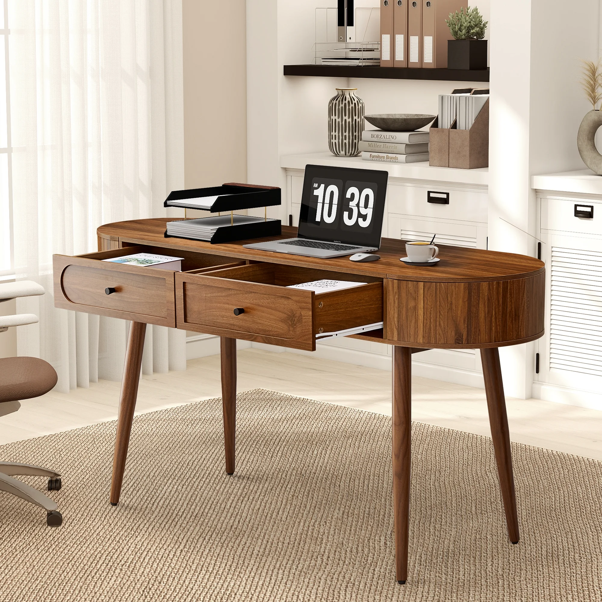YOCWO Modern Home Office Desk with 2 Drawers and 2 Fflip-top Storage, Oval Computer PC Desk Table, Vanity Desk with Fluted Curved Table Edge, Walnut - Image 6