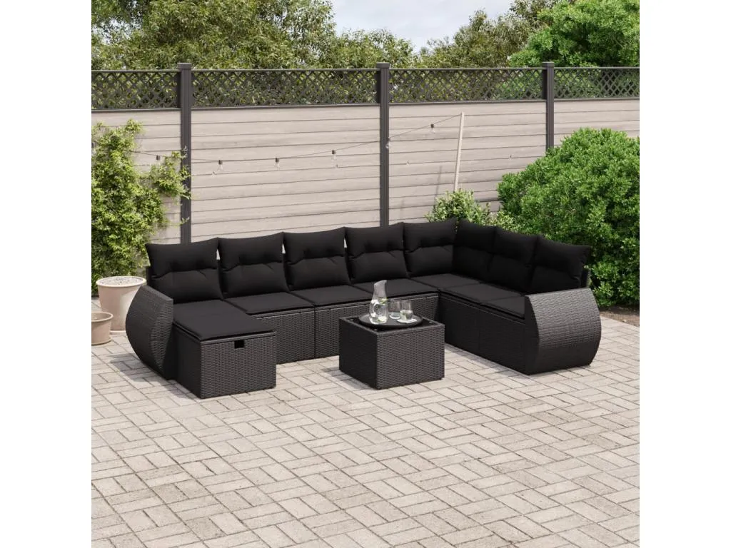 Sancaldeco Set de sofás de jardín 8 piezas y cojines ratán sintético negro 53311TQCK