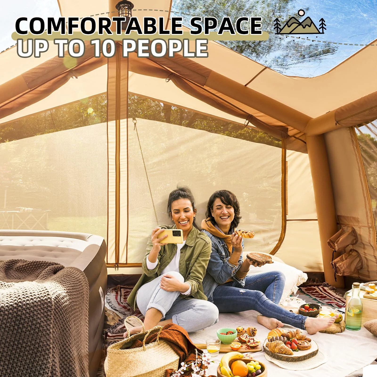 Yoleny 12'x8' Inflatable Tent, 96 SFT Blow Up Tent for Camping, 4 Season Oxford Glamping Tents with Clear Skylight, Pump & Stove Jack - Image 4