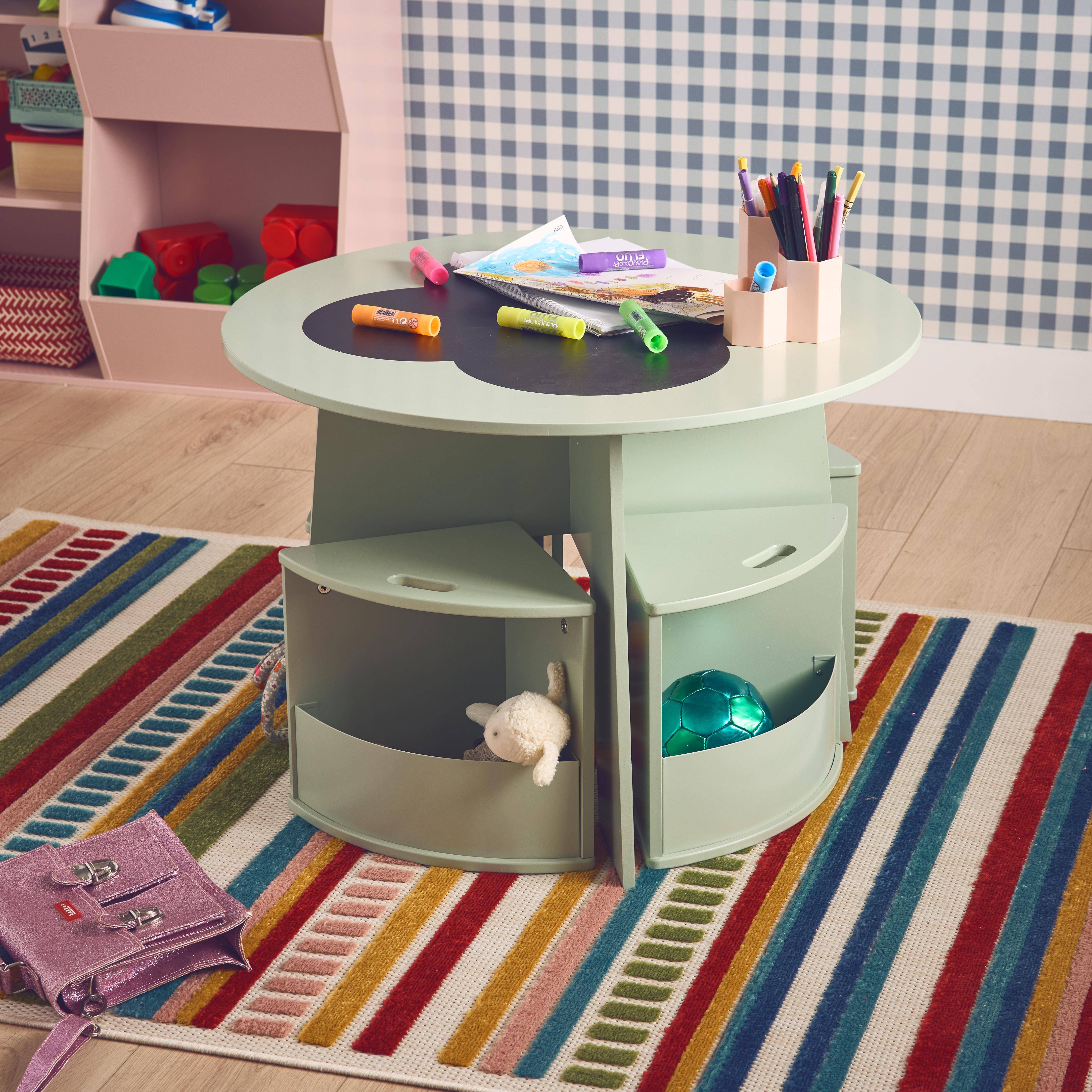 Nephos - Mesa con pizarra y 4 sillas con almacenaje para niños