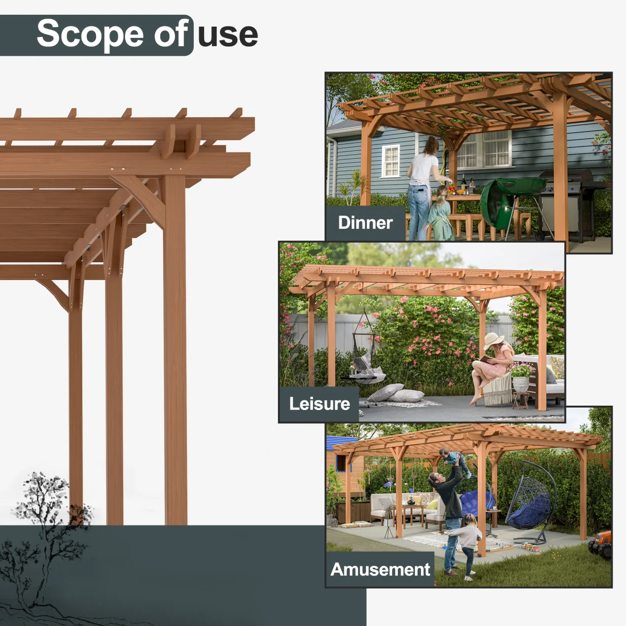 12 x 10 FT Outdoor Pergola, Wooden Pergola Gazebo with Climbing Plant Support and Waterproof, for Patio Porch Garden Backyard, Brown - Image 16