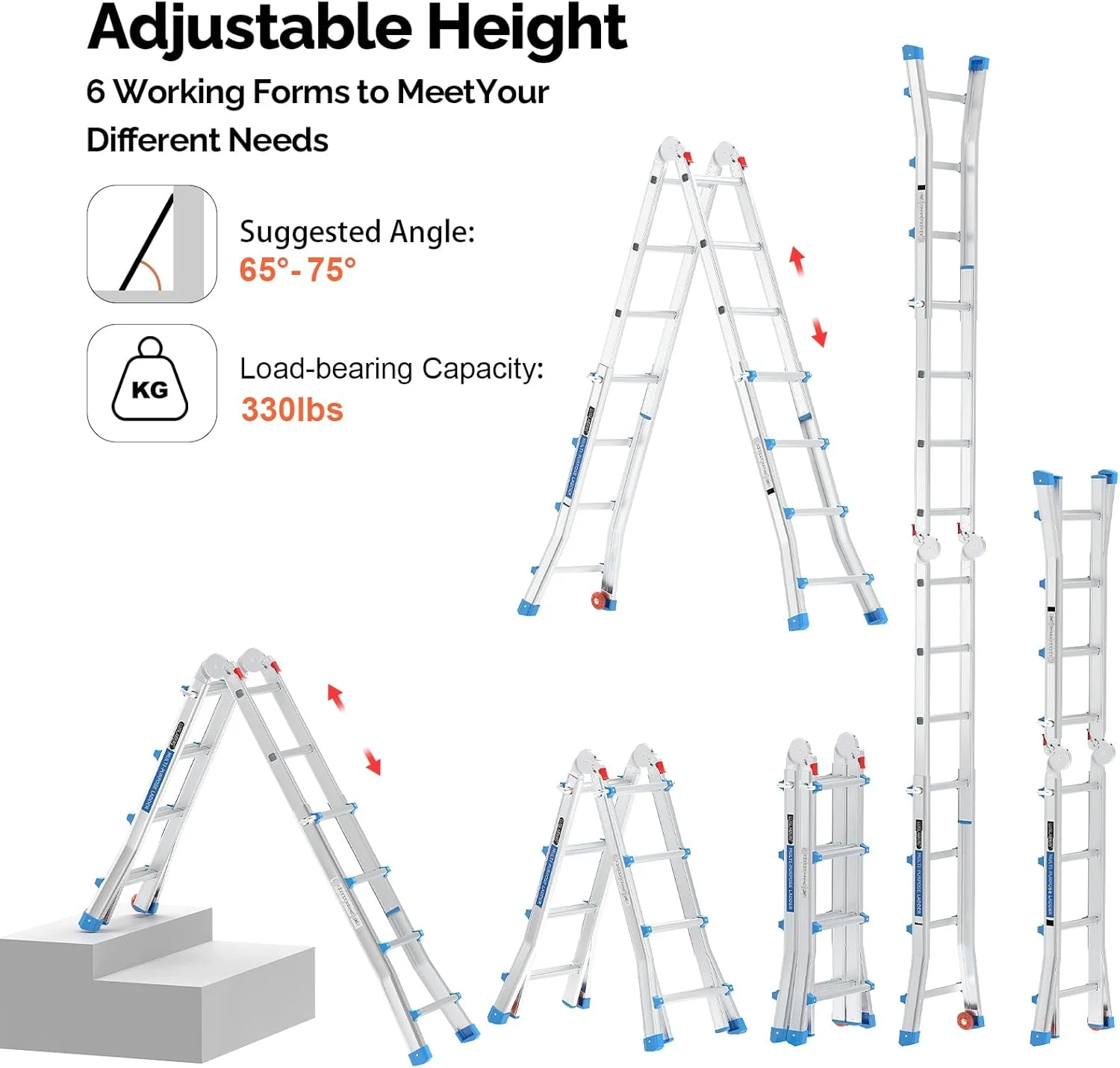LUISLADDERS Ladder, A Frame 6 Step Ladder Telescoping Ladder, 22 Ft Reach Height Muti Position Folding Ladder Flared Leg & Wheels Design, 330 lbs Capacity Extension Ladder for Household Outdoor Work - Image 19