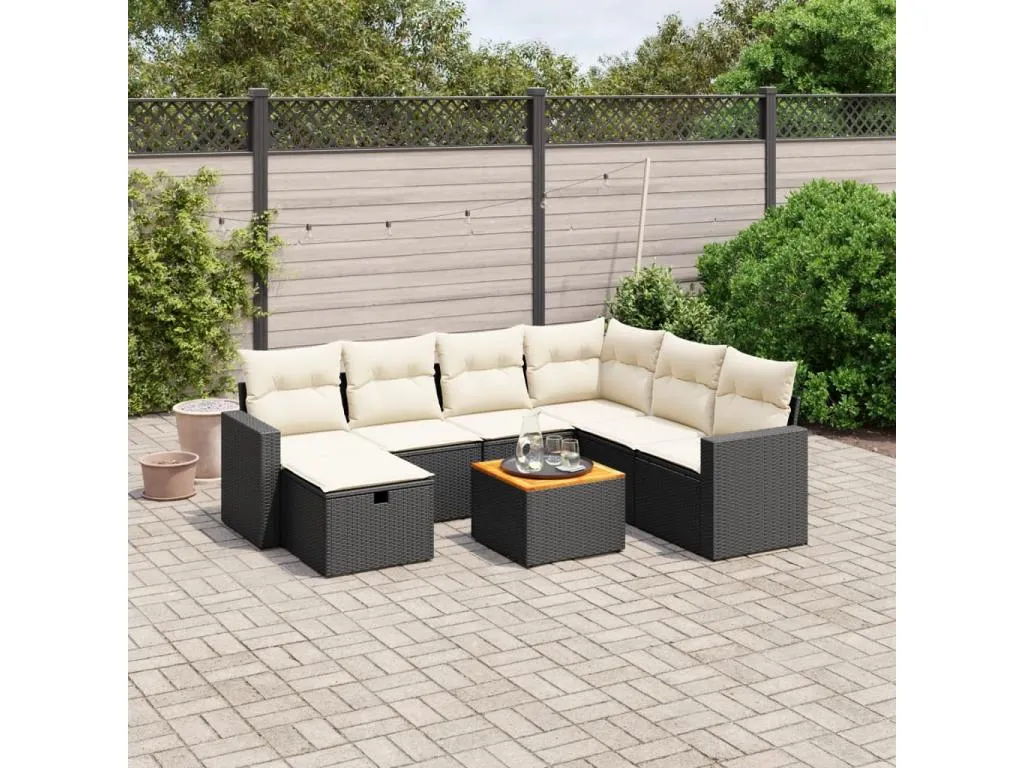 Set de sofás de jardín 8 piezas y cojines ratán sintético negro rhyk84906