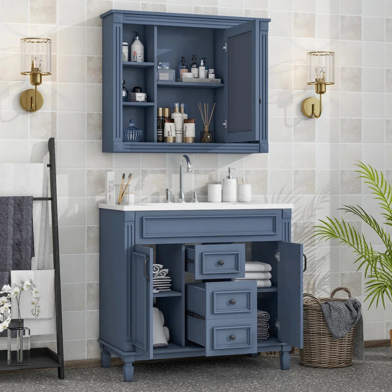 36'' Bathroom Vanity Set With Ceramic Sink Top, Mirror Cabinet, 2 Doors And 2 Drawers - Gray - Image 12 36'' Bathroom Vanity Set With Ceramic Sink Top, Mirror Cabinet, 2 Doors And 2 Drawers - Gray - Image 12