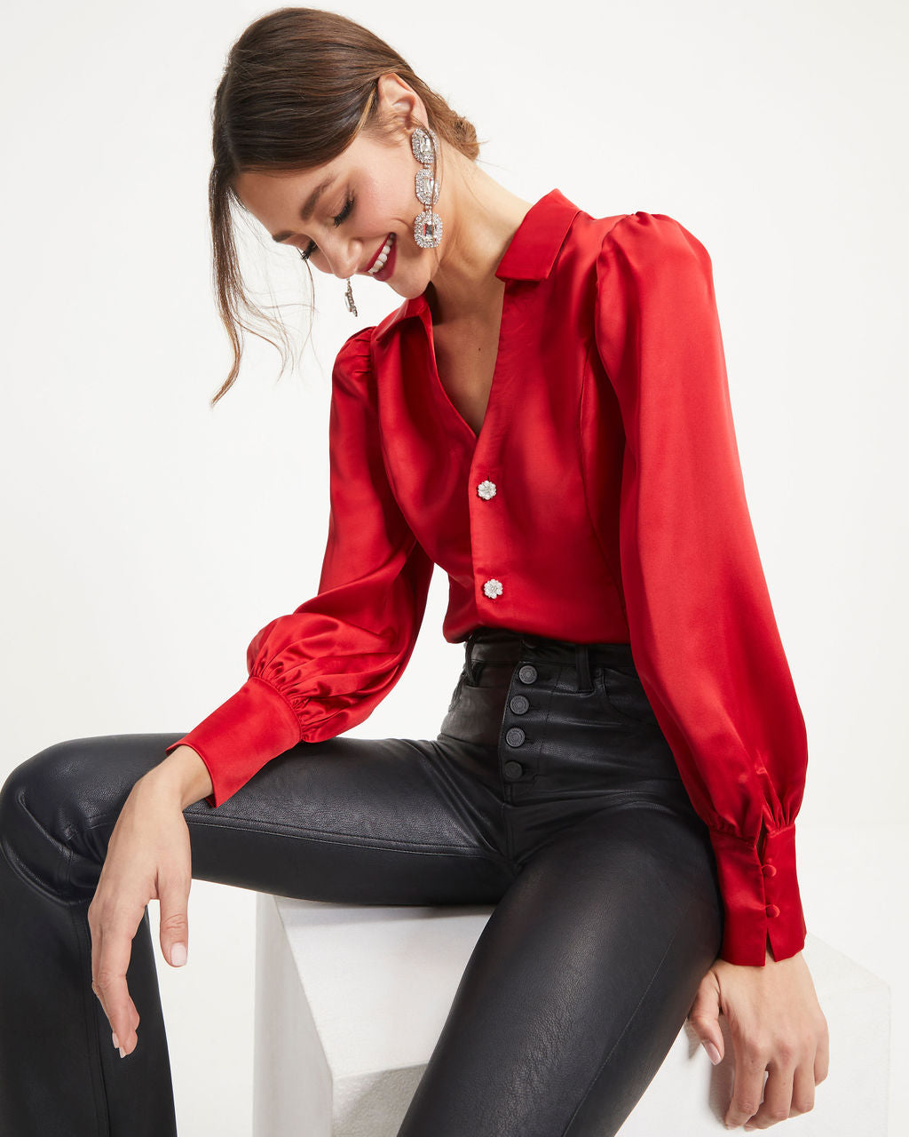 A Lovely Time Satin Embellished Button Down Top - Red - Se7enfashion