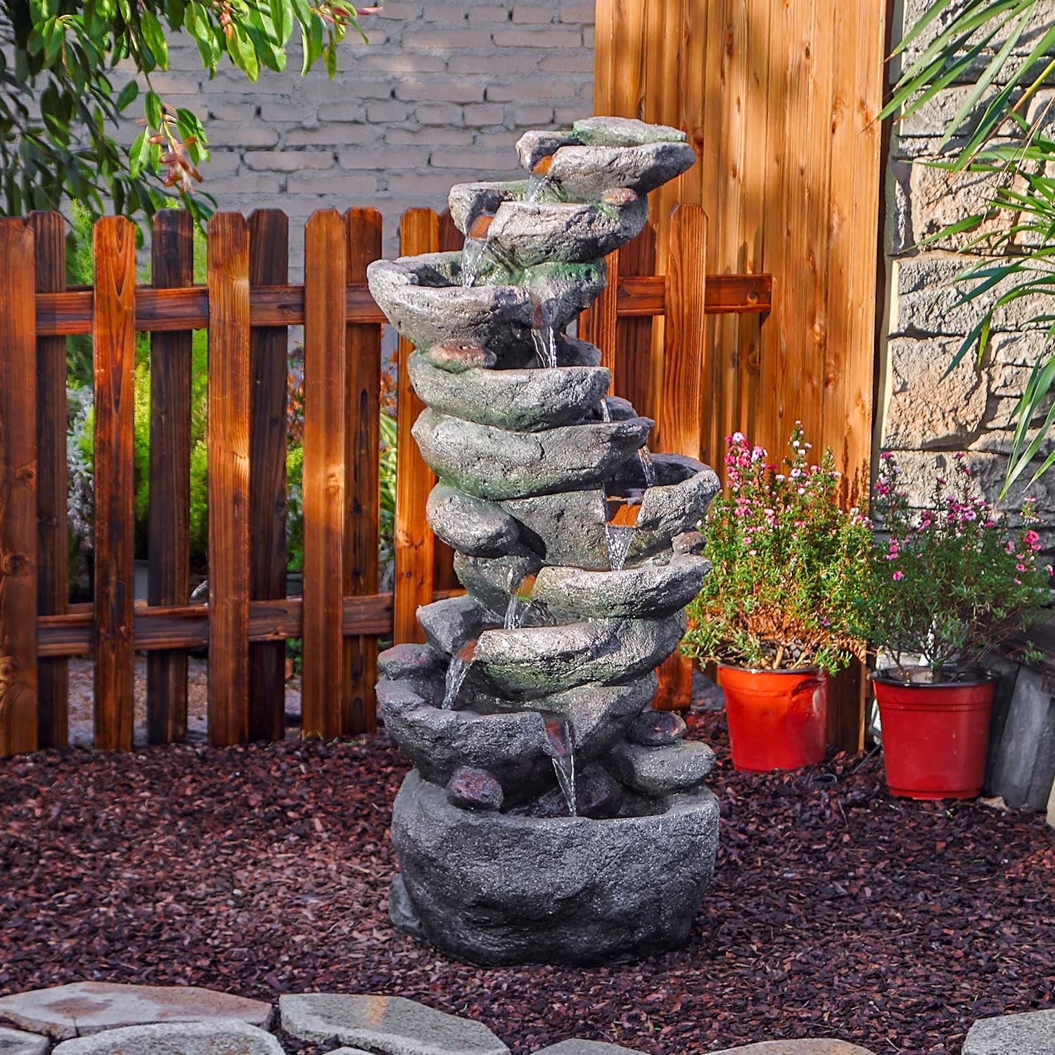 10 - Tier Cascading Rock Water Fountain Outdoor Garden Waterfall Fountains Patio Backyard Deck Porch Pond Art Decor for Outside 39.76" H Outdoor Feature with LED Lights