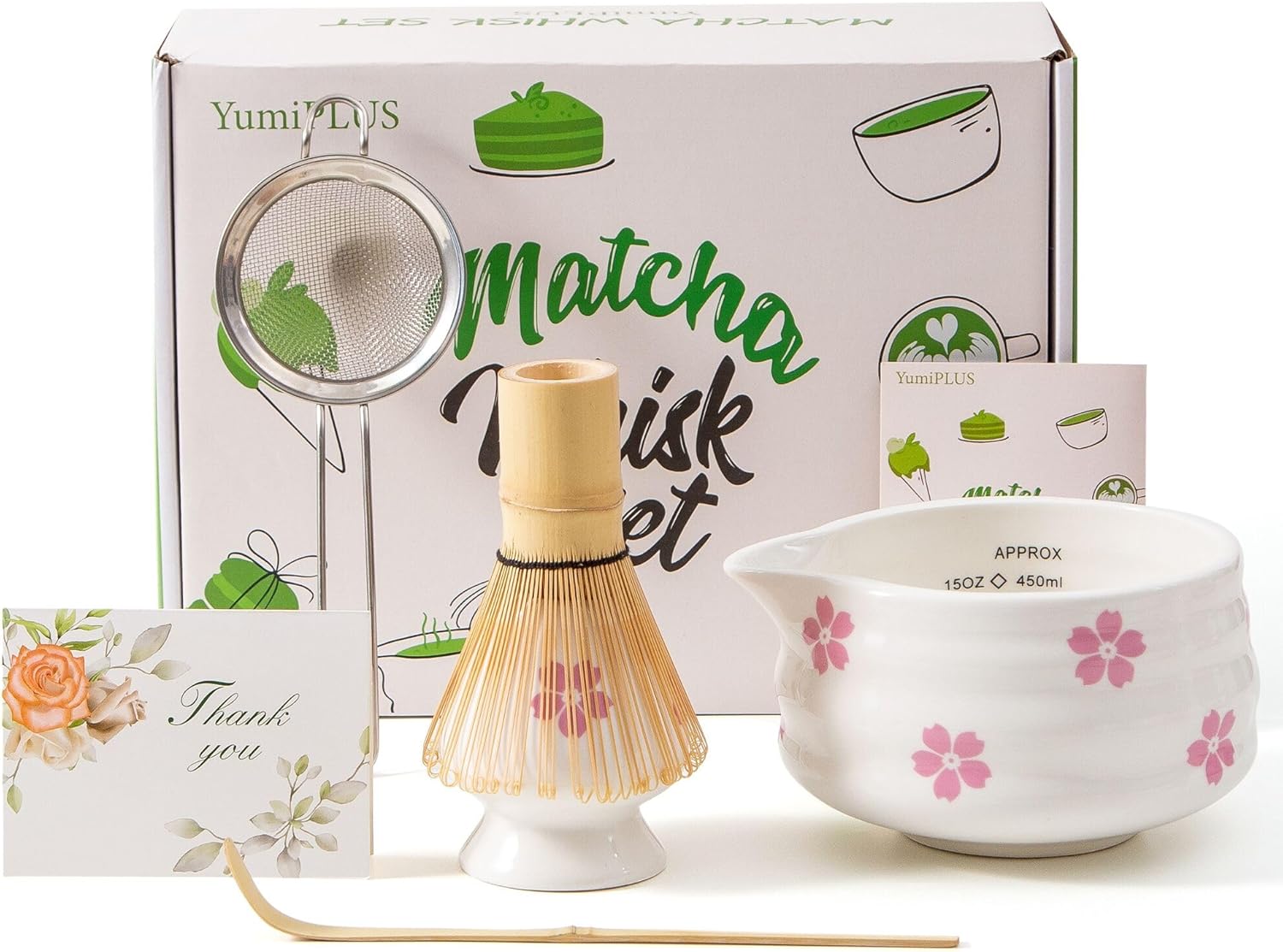 5pcs Premium Matcha Set,Ceramic Bowl with Spout and Bamboo Whisk set, Ceremonical Matcha Kit for breakfast/latte,Tea Starter Making Kit,Unique Matcha Gift set (pink)