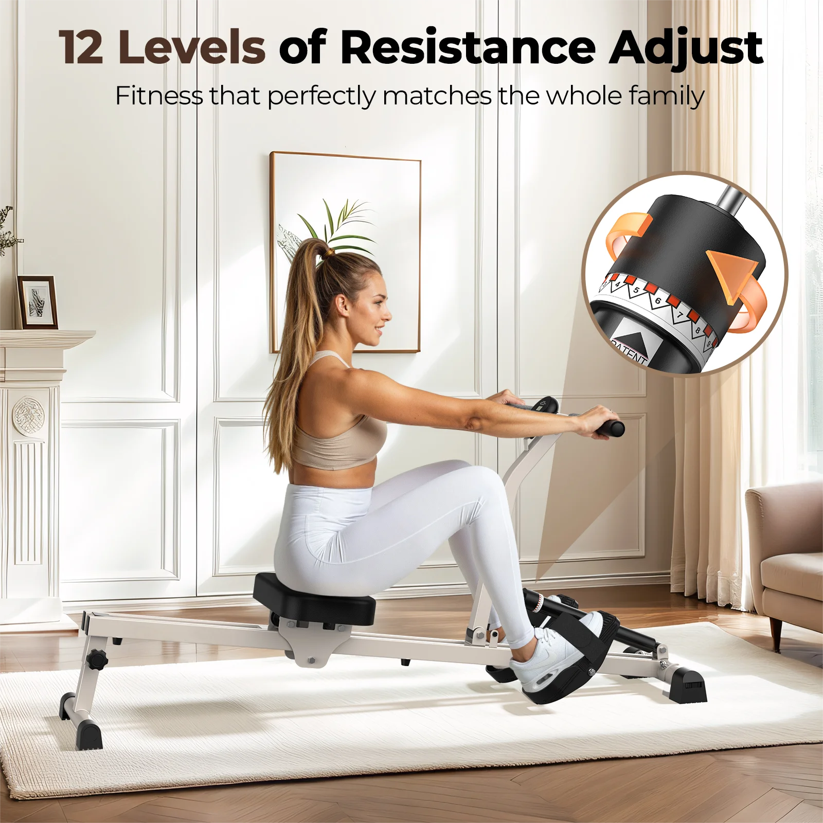UPGO Rowing Machine Rower Exercise for Home Cardio Workouts, 12 Adjustable Resistance, Includes Digital Monitor and Comfortable Seat Cushion - Image 2