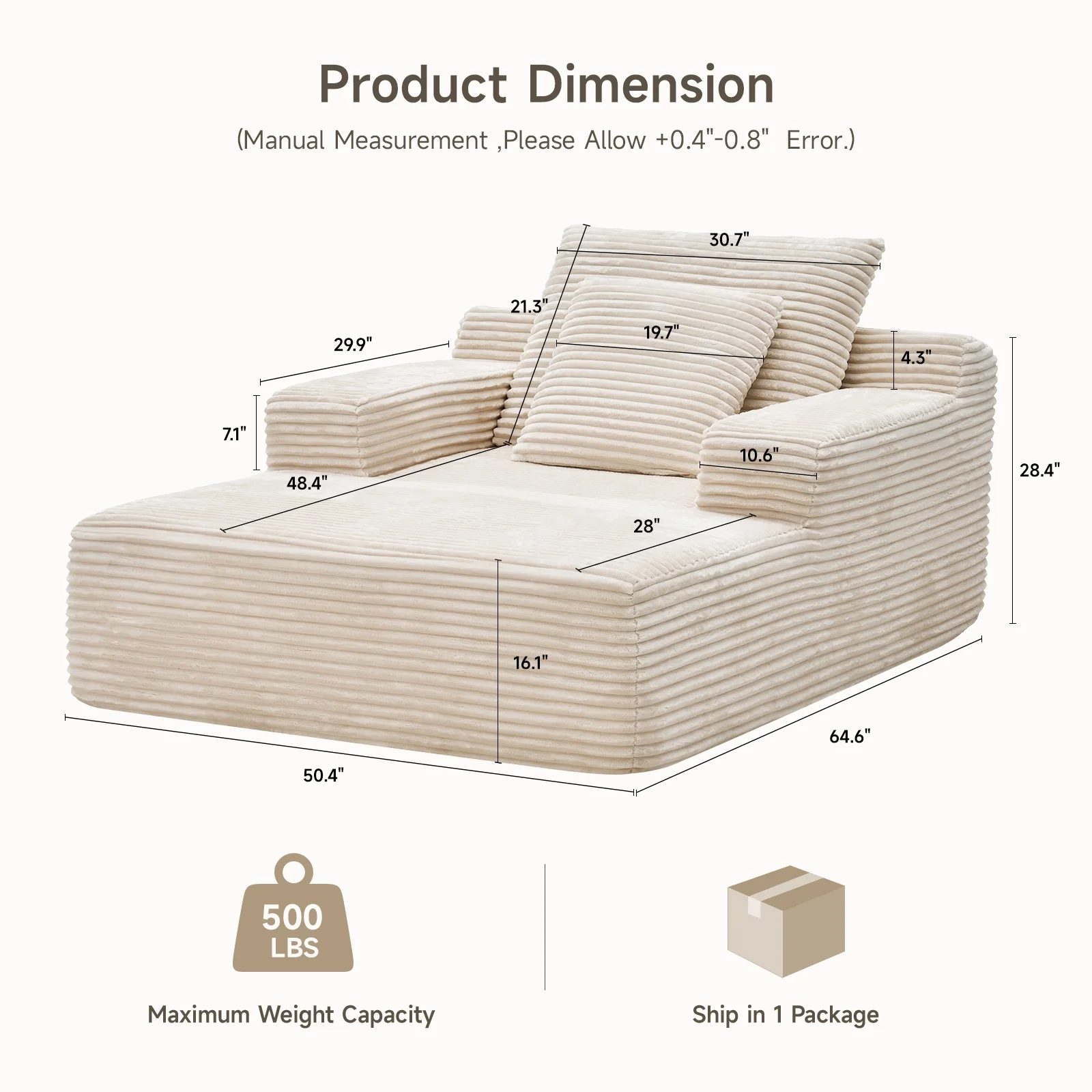65" Corduroy Cloud Sleeper Chaise Lounge Chair, No Assembly Sofa Bed with Pillows, Beige - Image 8