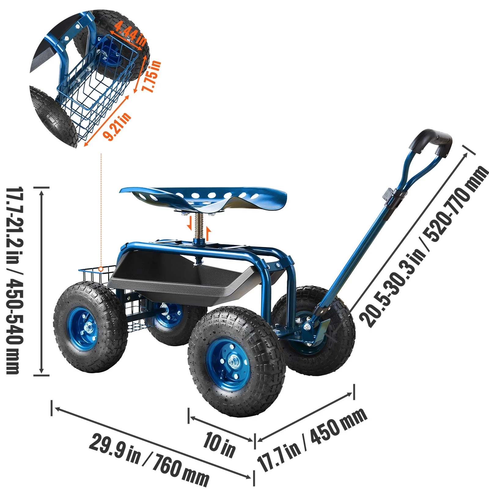 KFFKFF Outdoor Cart with Rotating Seat, Planting Stool on Wheels, Garden Trolley with Directional Handle and Handy Tool Tray, Ideal for Lawn, Patio, and Outside Areas, Blue - Image 4
