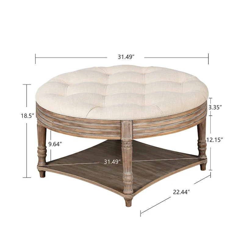 Round Storage Ottoman Coffee Table with Tufted Seat and Wooden Base
