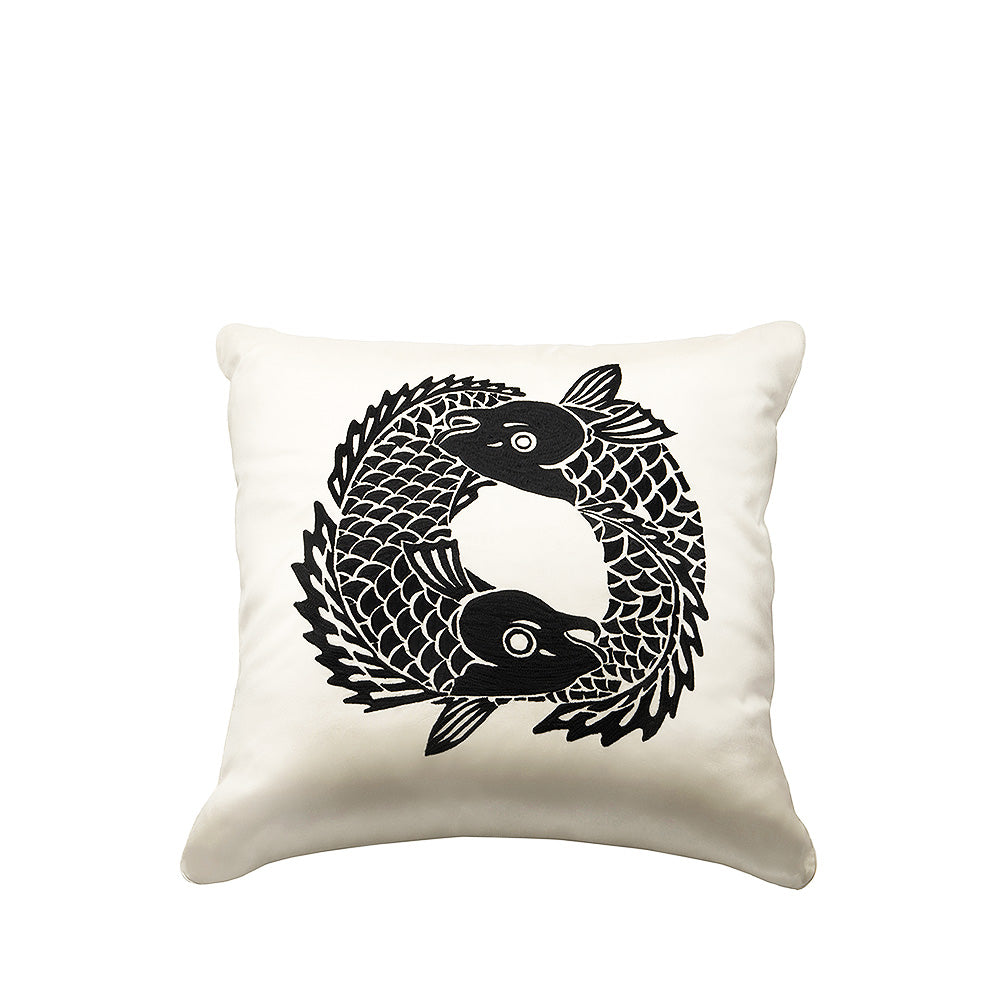 COUSSIN BRODÉ 2 POISSONS CARRÉ - SOIE IVOIRE, BRODÉ, CARRÉ