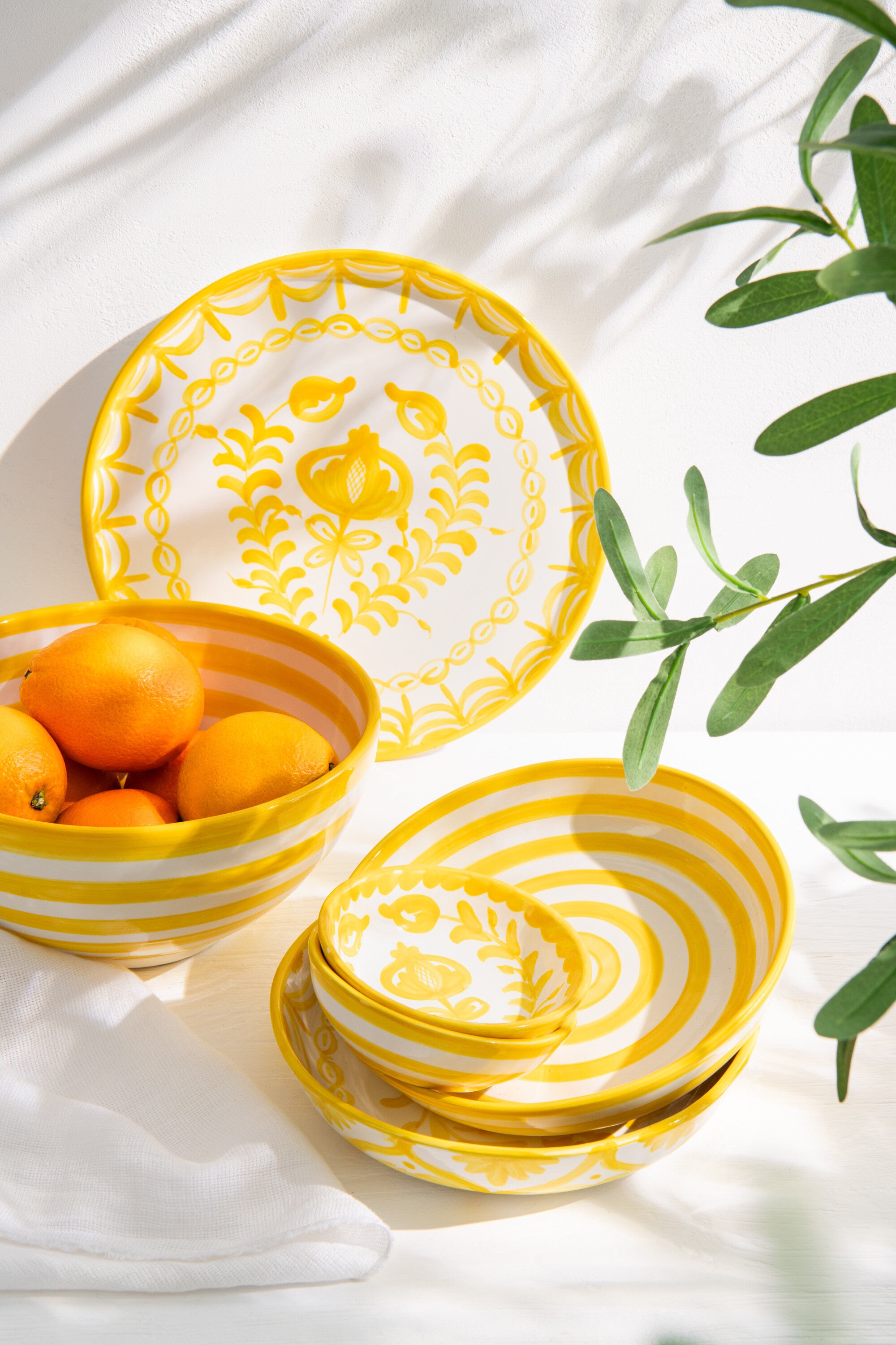 J-Line schaal Granada Stripes Low - keramiek - wit geel - la