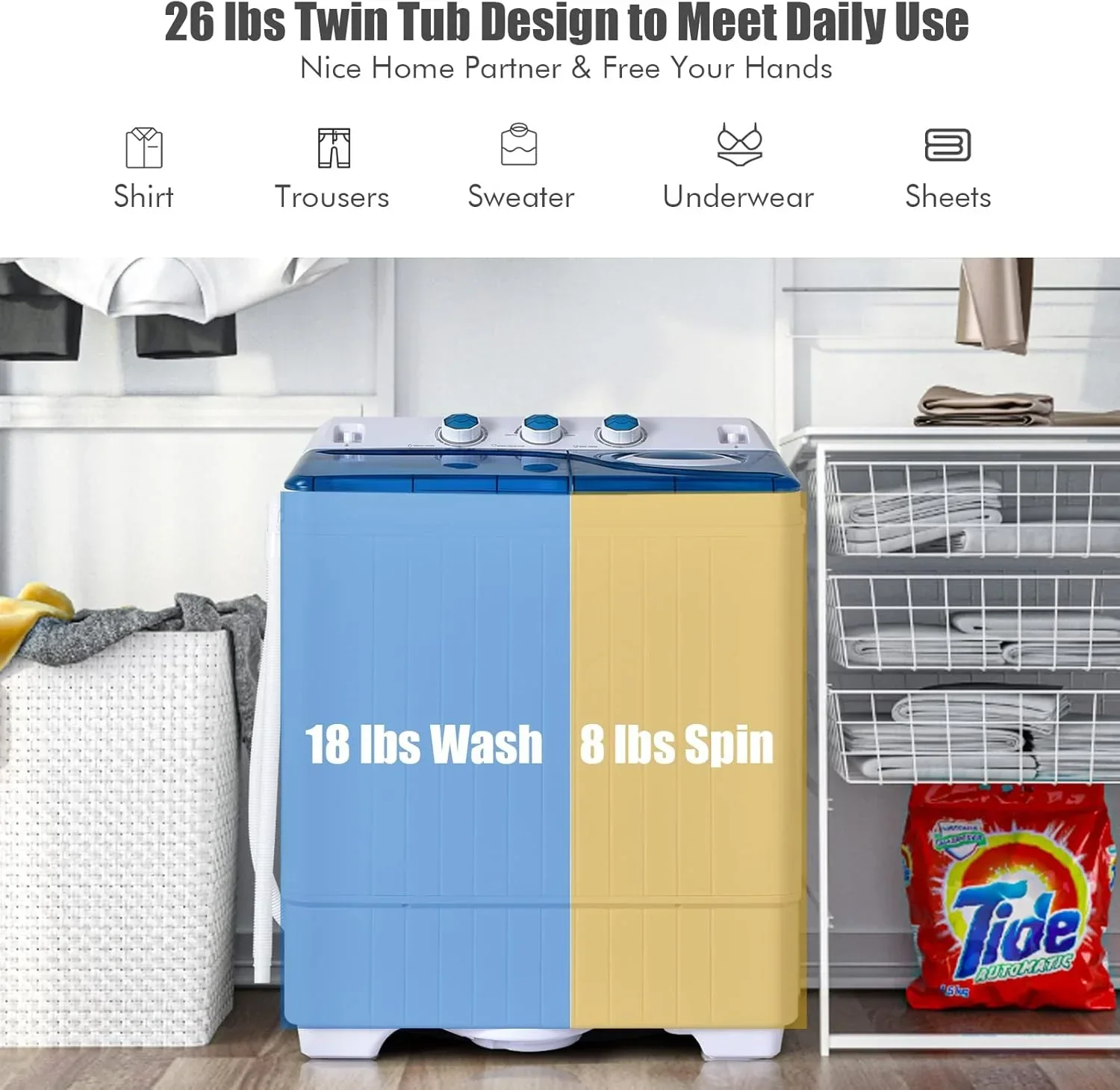 COSTWAY Double Tub 26 lb Capacity Laundry 18 lb 8 lb Spin Combo Drain Pump Washing Machine