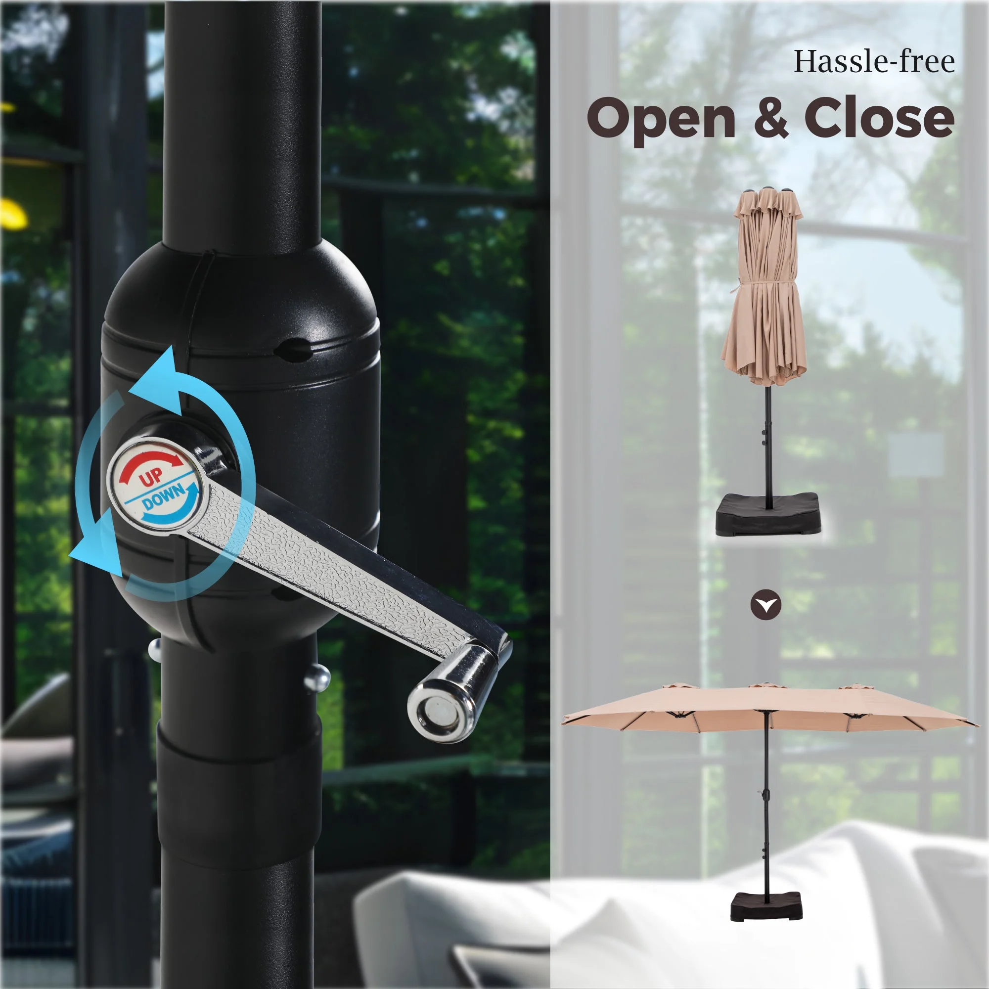 Alpha Joy 15ft Outdoor Patio Umbrella Extra-Large Double-Sided Garden Umbrella with Crank Handle and Base - Smoky Gray - Image 24