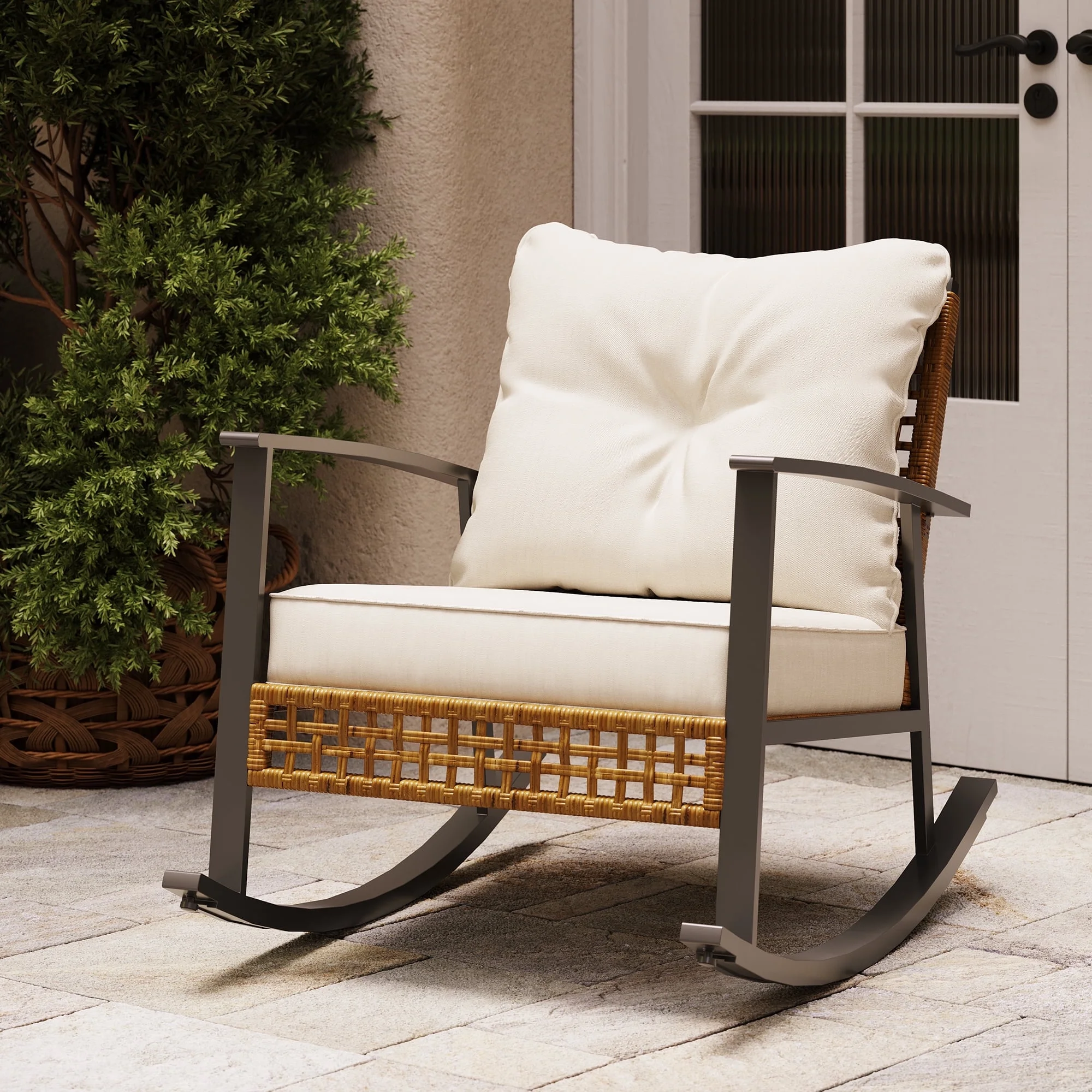 LAUSAINT HOME Outdoor Rocking Chair, Patio PE Rattan Chair with Beige Cushions - Image 8