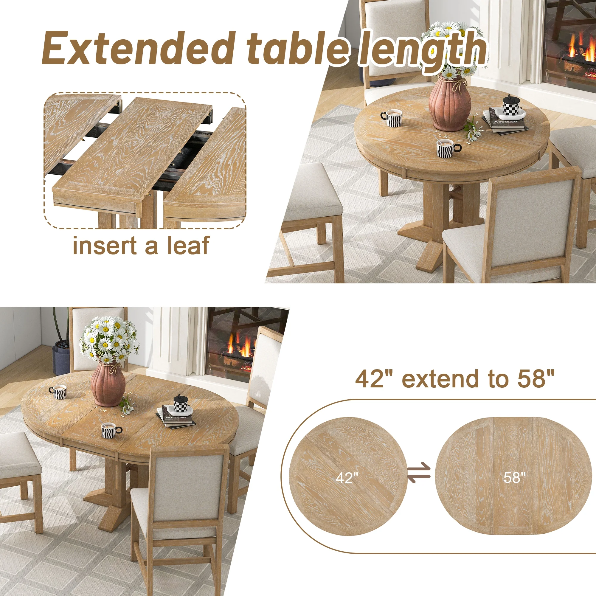 5 Piece Round Dining Table Set, Dining Room Set with Extendable Table and 4 Upholstered Chairs, Wood Dining Table Set for 4, Farmhouse Dining Table Set for Kitchen Dining Room Dorm Apartment, Brown - Image 5