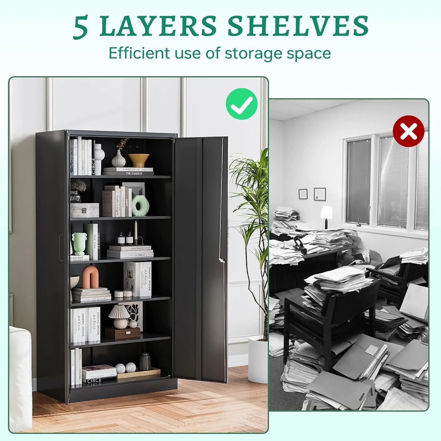 CQAOE 71" Metal Storage Cabinet with Lock, 5 Adjustable Shelves and 2 Doors, Steel Utility Cabinet for Garage, Office, Home, Gym, or School - Black - Image 4