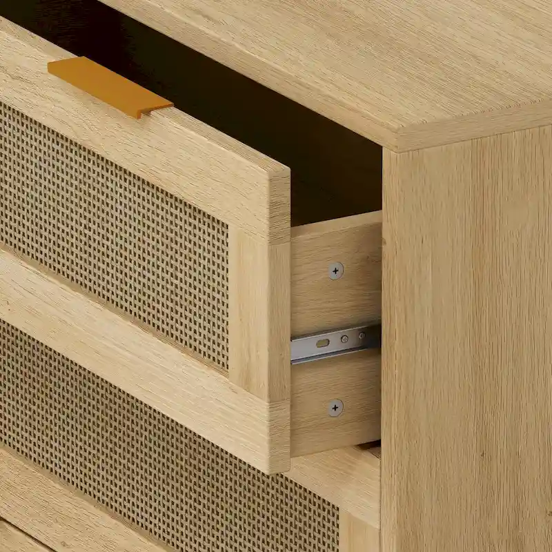 Oak Storage Cabinet with 3 Rattan Drawers - Dimensions: 31.5L x 15.55W x 30.12H